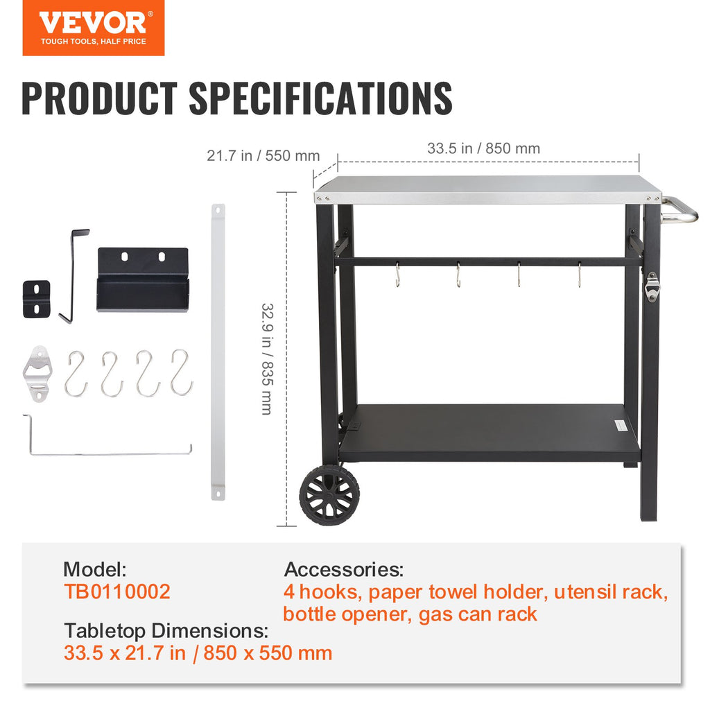 Outdoor Grill Dining Cart with Double-Shelf, 85*55cm BBQ Movable Food Prep Table, Multifunctional Stainless Steel Table Top, Portable Modular Carts for Pizza Oven, Worktable with 2 Wheels, Carry Handle