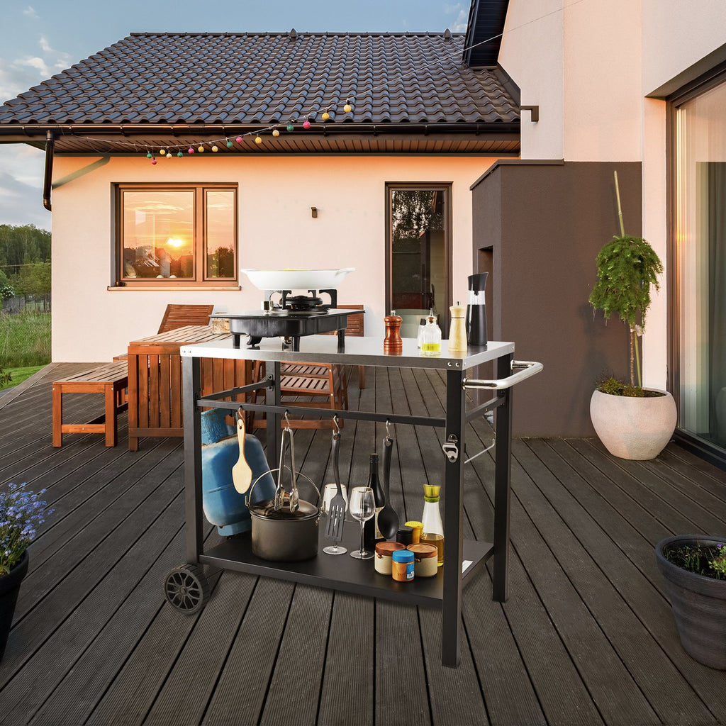 Outdoor Grill Dining Cart with Double-Shelf, 85*55cm BBQ Movable Food Prep Table, Multifunctional Stainless Steel Table Top, Portable Modular Carts for Pizza Oven, Worktable with 2 Wheels, Carry Handle
