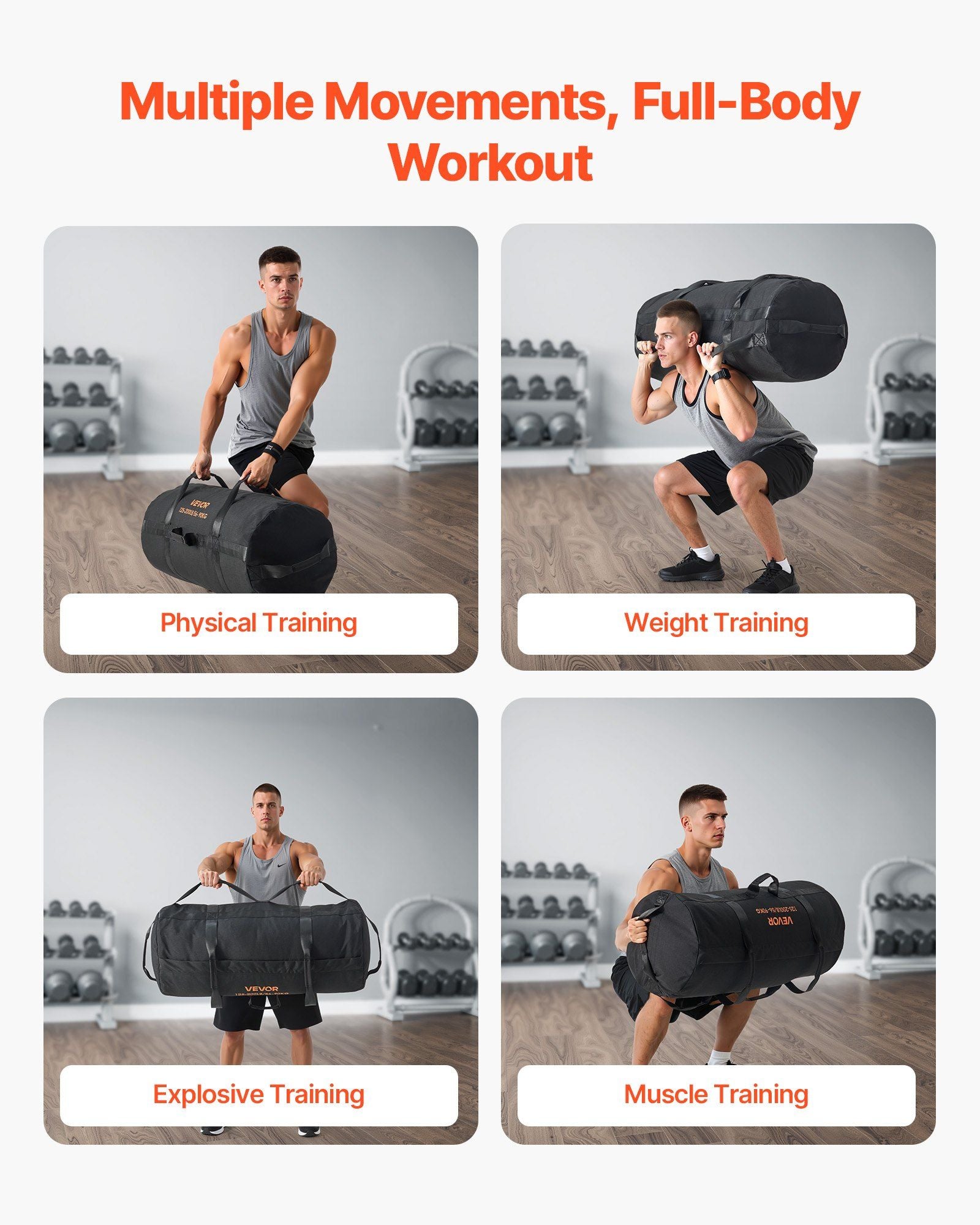 Workout Sandbag, Heavy Duty Workout Power Bags with Handles, 56-90 kg Adjustable Slam Bag for Fitness Strength Weight Training Cross-Training, Home Gym Exercise, Black (Unfilled)