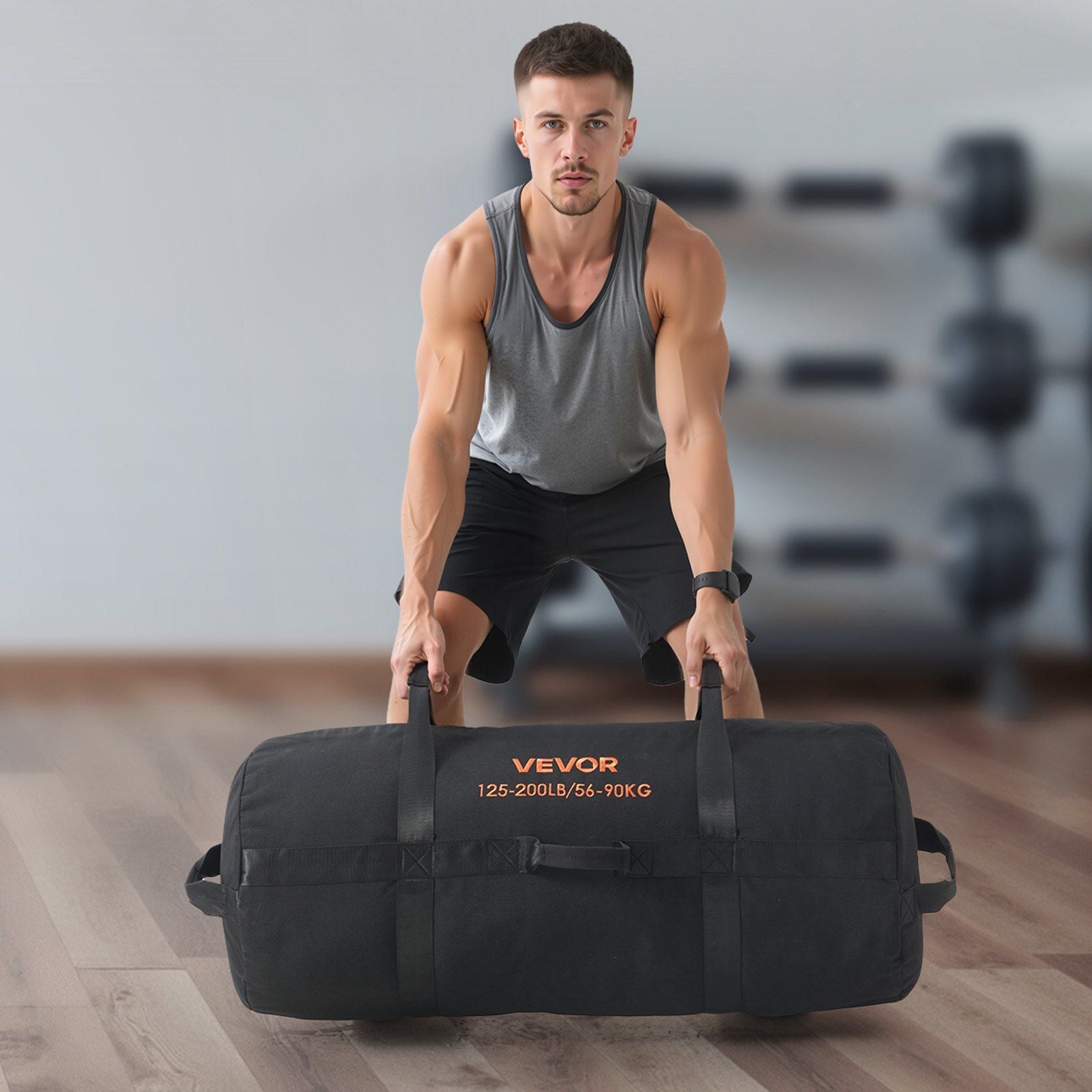 Workout Sandbag, Heavy Duty Workout Power Bags with Handles, 56-90 kg Adjustable Slam Bag for Fitness Strength Weight Training Cross-Training, Home Gym Exercise, Black (Unfilled)