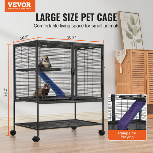 36" Metal Small Animal Cage 2-Tier Rolling Ferret Cage with Tray A Ramp