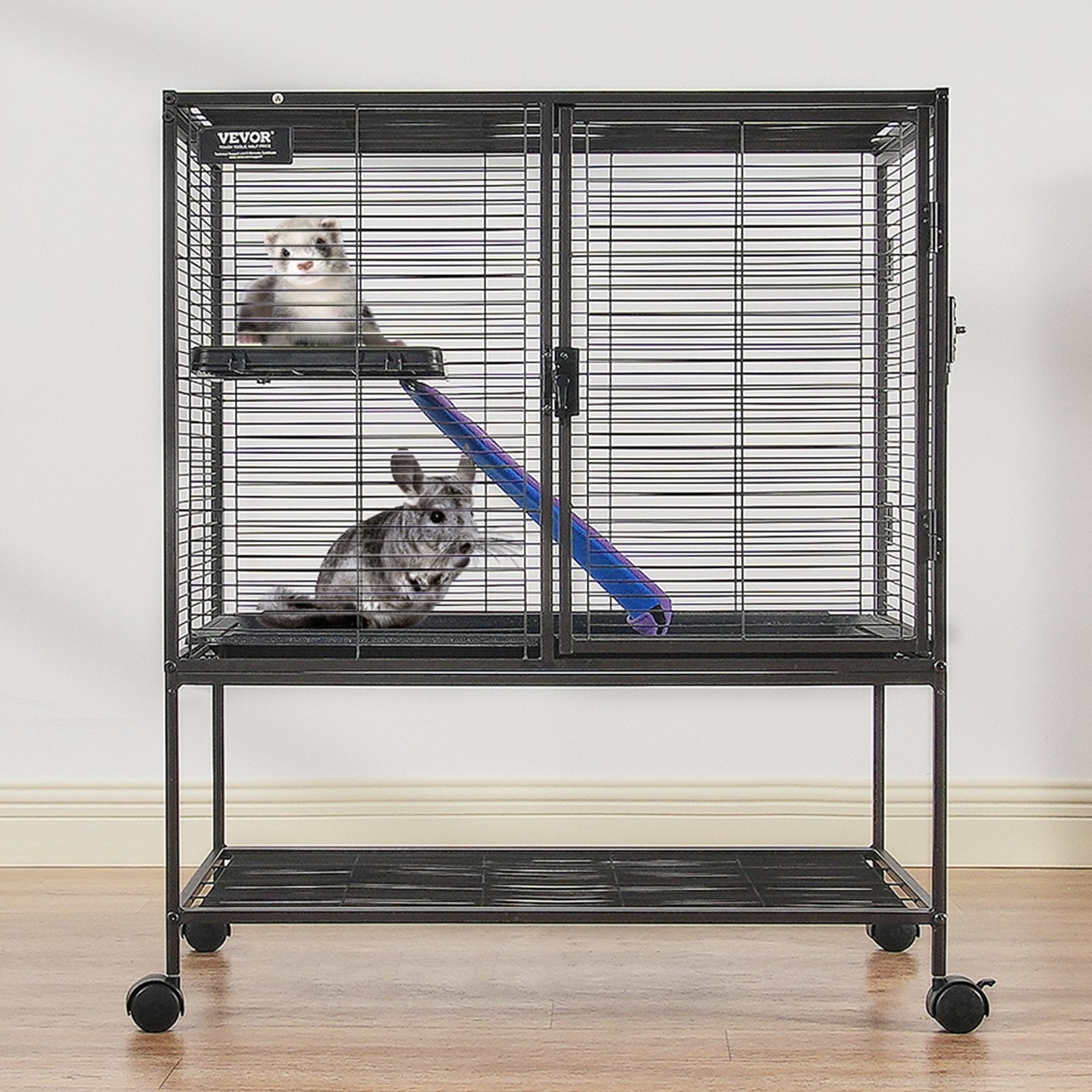 36" Metal Small Animal Cage 2-Tier Rolling Ferret Cage with Tray A Ramp