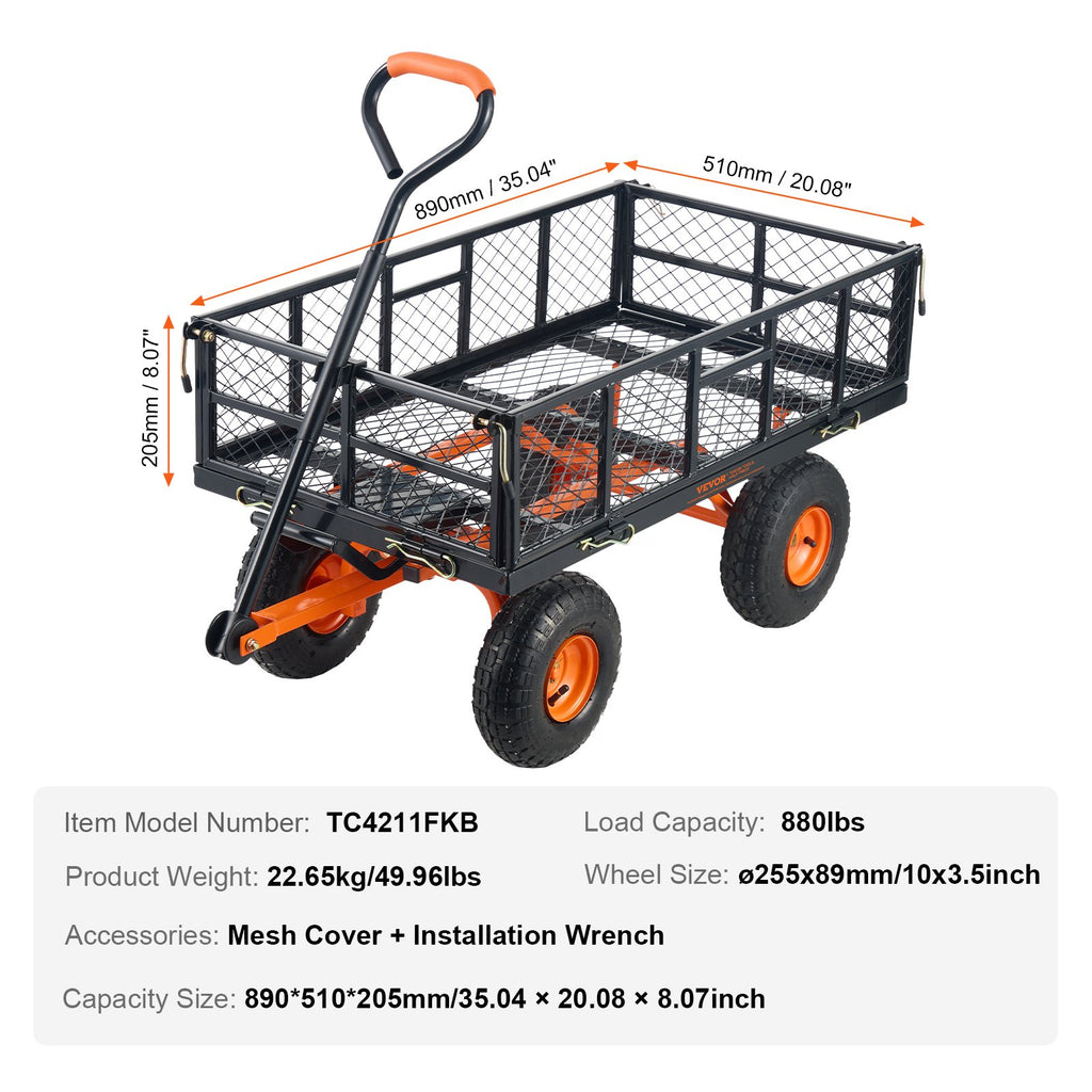 Dump Cart, Metal Garden Dump Cart with Easy to Assemble Frame, Dump Wagon with 2-in-1 Convertible Handle, Utility Wheelbarrow 399kg Capacity, 25.4cm Tires