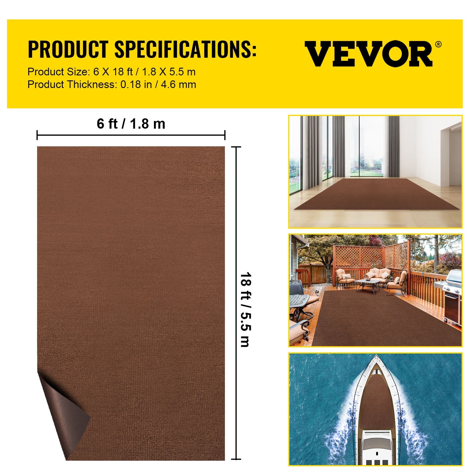 Marine Carpet, 6 x 18 ft Boat Carpeting, Deep Brown Marine Grade Boat Carpet, Indoor/Outdoor Marine Carpeting with Water-Proof TPR Backing, Water-Proof Carpet Roll for Home, Patio, Porch, Deck