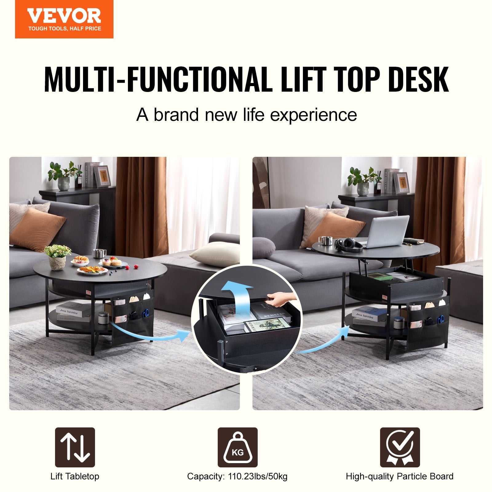 Lift Top Coffee Table 35.3" Round Coffee Table for Living Room Black