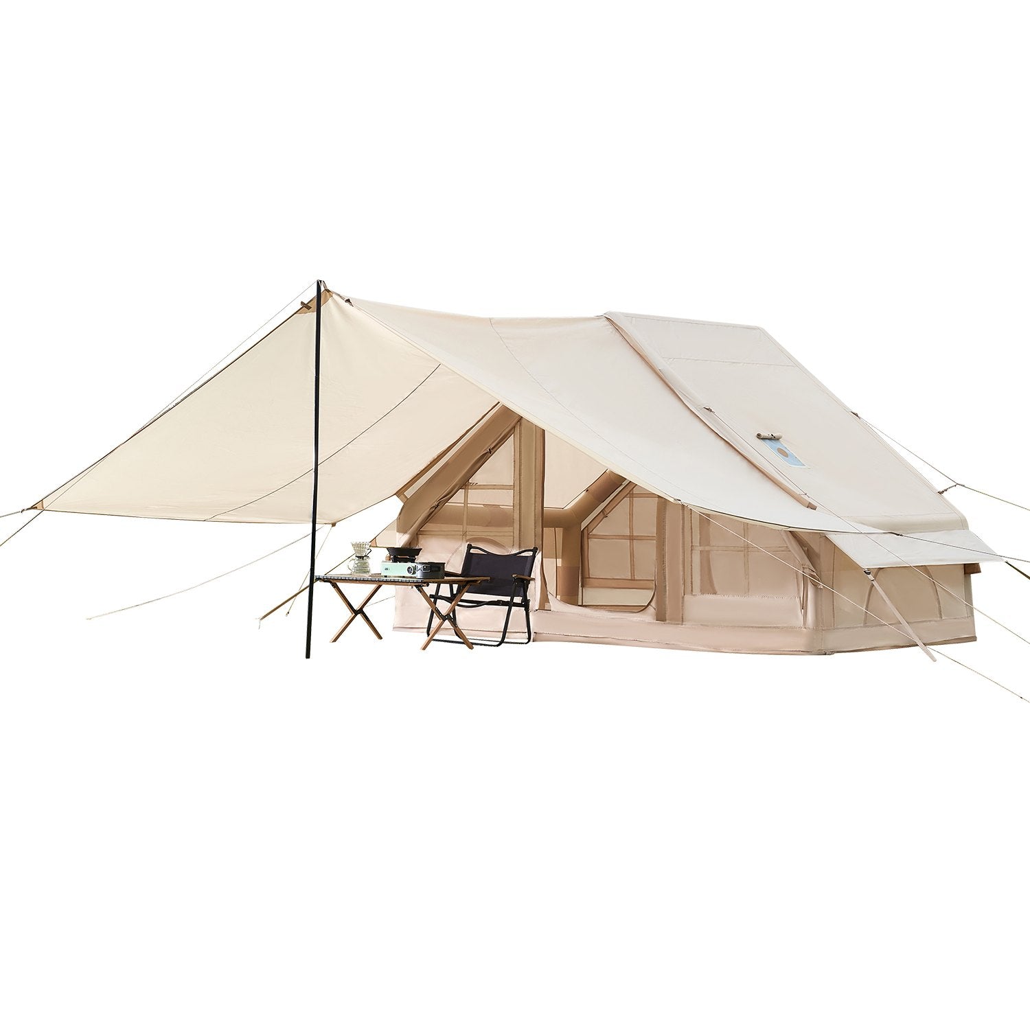 Inflatable Tents for Camping, 3-5 Person Easy Setup Blow up Tent with Hand Pump, 300D Oxford 4 Season Glamping Tent with Canopy, Stove Jack, 2 Doors & 2 Mesh Windows (Storage Bag Included)
