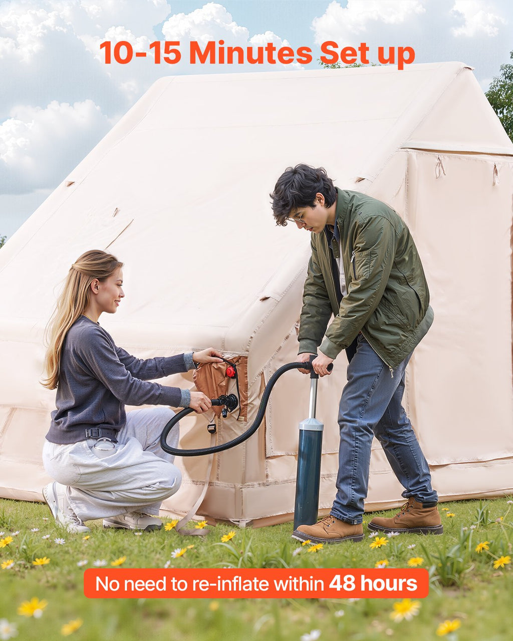 Inflatable Tents for Camping, 3-5 Person Easy Setup Blow up Tent with Hand Pump, 300D Oxford 4 Season Glamping Tent with Canopy, Stove Jack, 2 Doors & 2 Mesh Windows (Storage Bag Included)