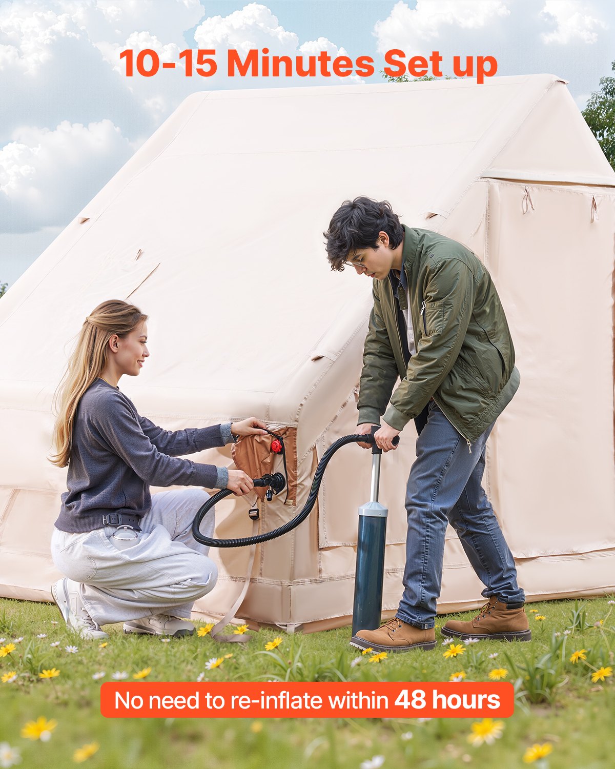Inflatable Tents for Camping, 3-5 Person Easy Setup Blow up Tent with Hand Pump, 300D Oxford 4 Season Glamping Tent with Canopy, Stove Jack, 2 Doors & 2 Mesh Windows (Storage Bag Included)