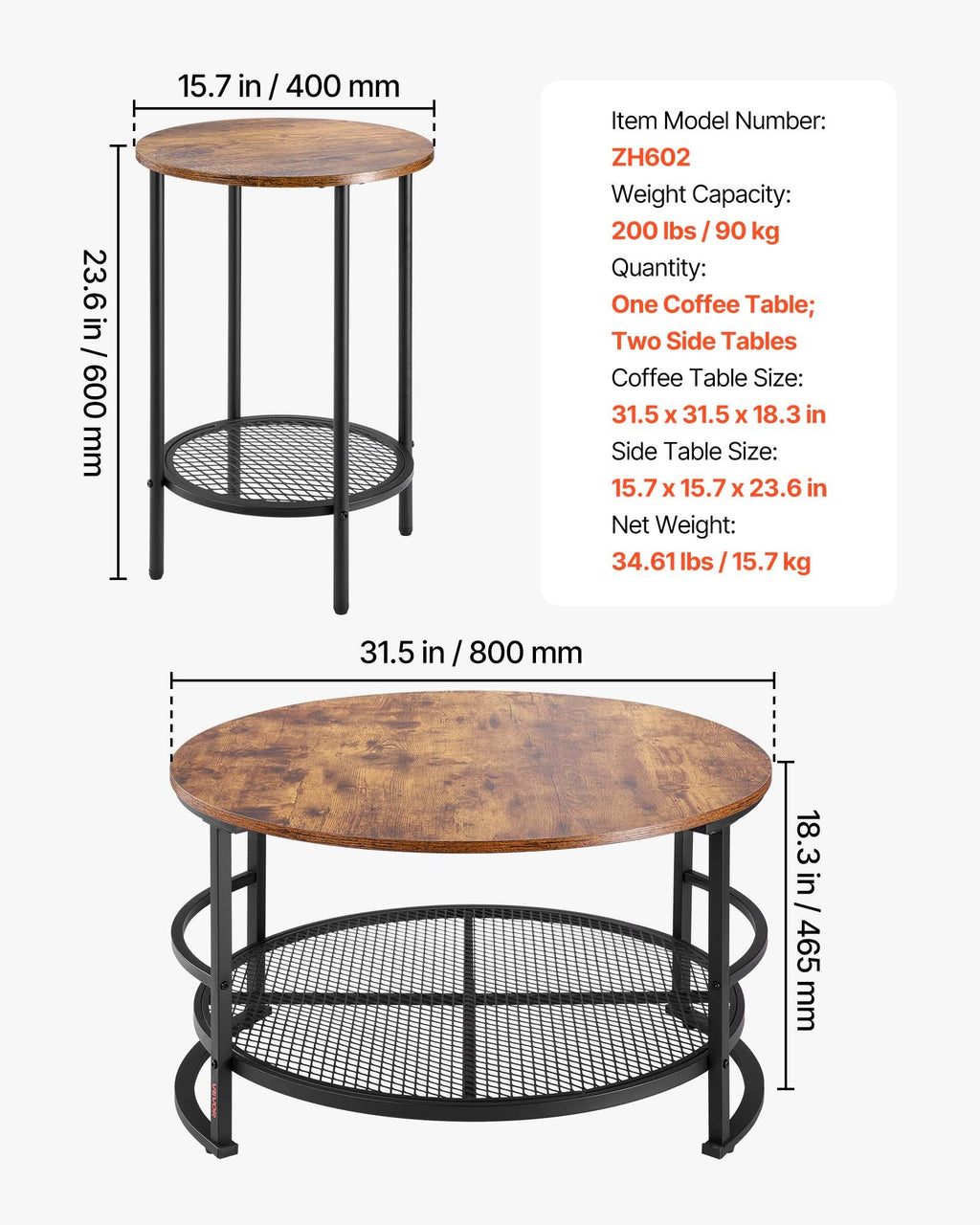 3-Piece Round Coffee Table & Side Table Set – 80 cm