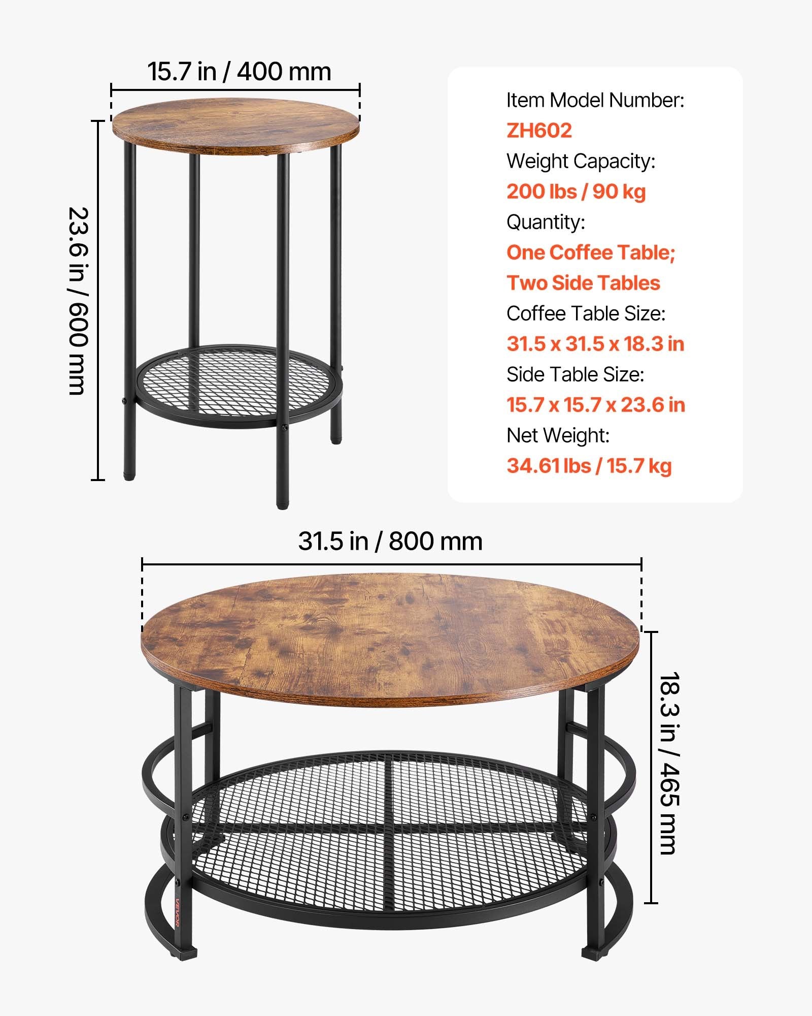 3-Piece Round Coffee Table & Side Table Set – 80 cm