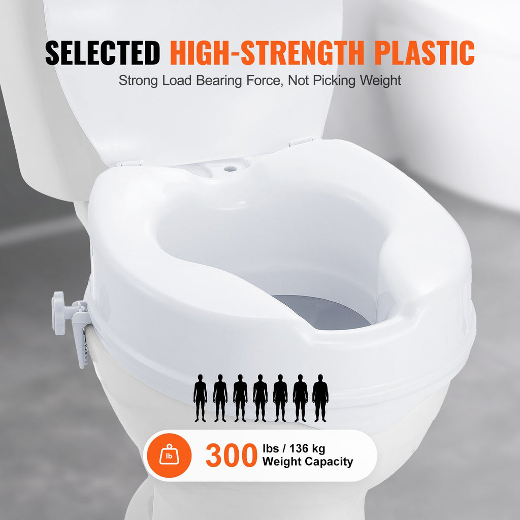 Raised Toilet Seat, 100 mm Height Raised, 136 kg Weight Capacity, Universal Toilet Seat Riser, Screw Rod Locking, with Toilet Seat, for Elderly, Handicap, Patient, Pregnant, Medical