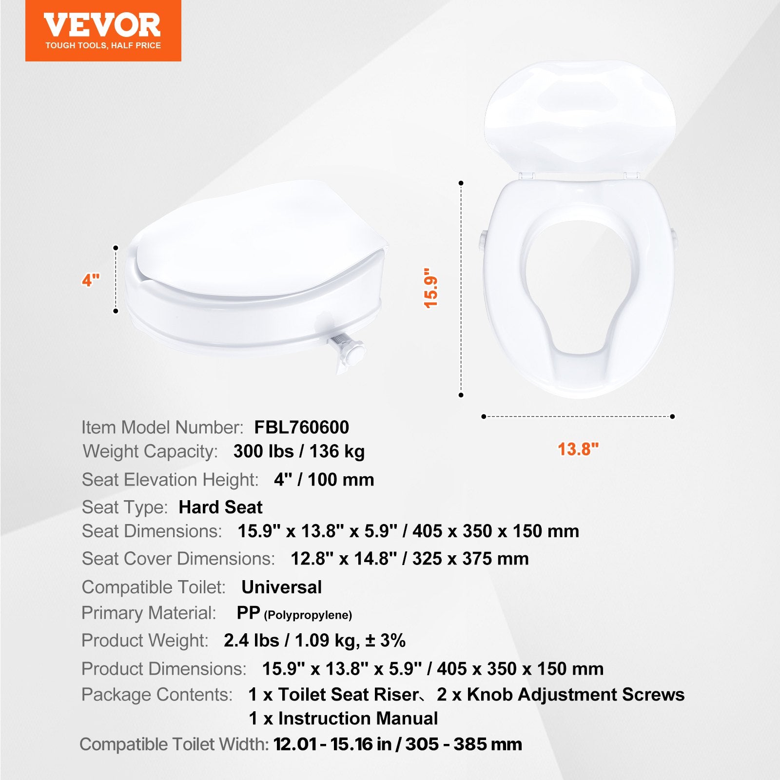 Raised Toilet Seat, 100 mm Height Raised, 136 kg Weight Capacity, Universal Toilet Seat Riser, Screw Rod Locking, with Toilet Seat, for Elderly, Handicap, Patient, Pregnant, Medical