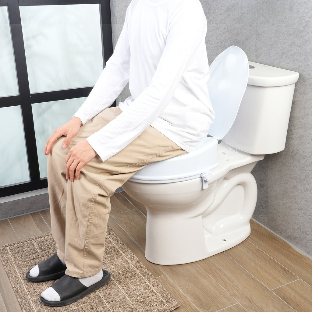 Raised Toilet Seat, 100 mm Height Raised, 136 kg Weight Capacity, Universal Toilet Seat Riser, Screw Rod Locking, with Toilet Seat, for Elderly, Handicap, Patient, Pregnant, Medical