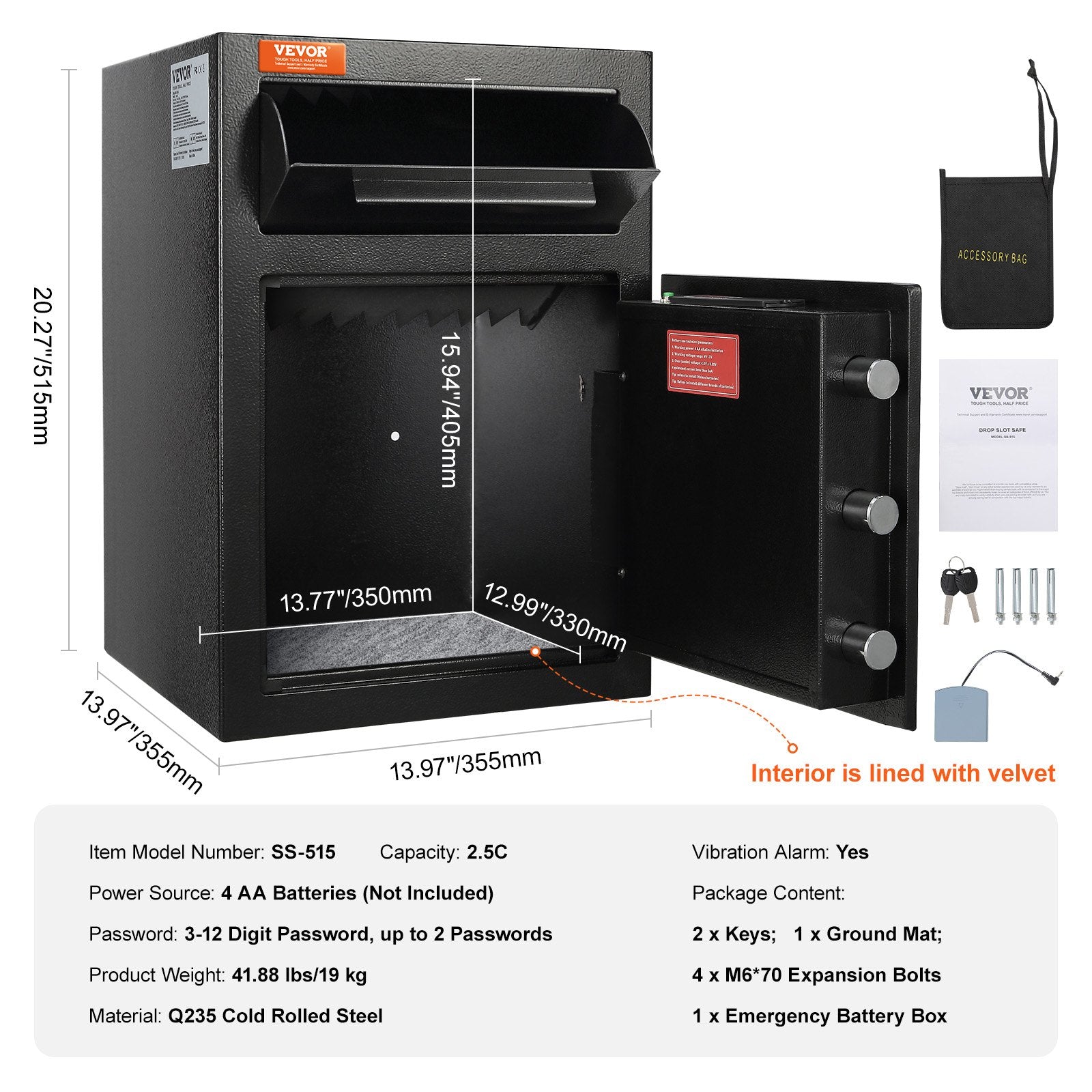 2.5 Cub Depository Safe, Deposit Safe with Drop Slot, Electronic Code Lock and 2 Emergency Keys, 20.27'' x 13.97'' x 13.97'' Business Drop Slot Safe for Cash, Mail in Home, Hotel, Office