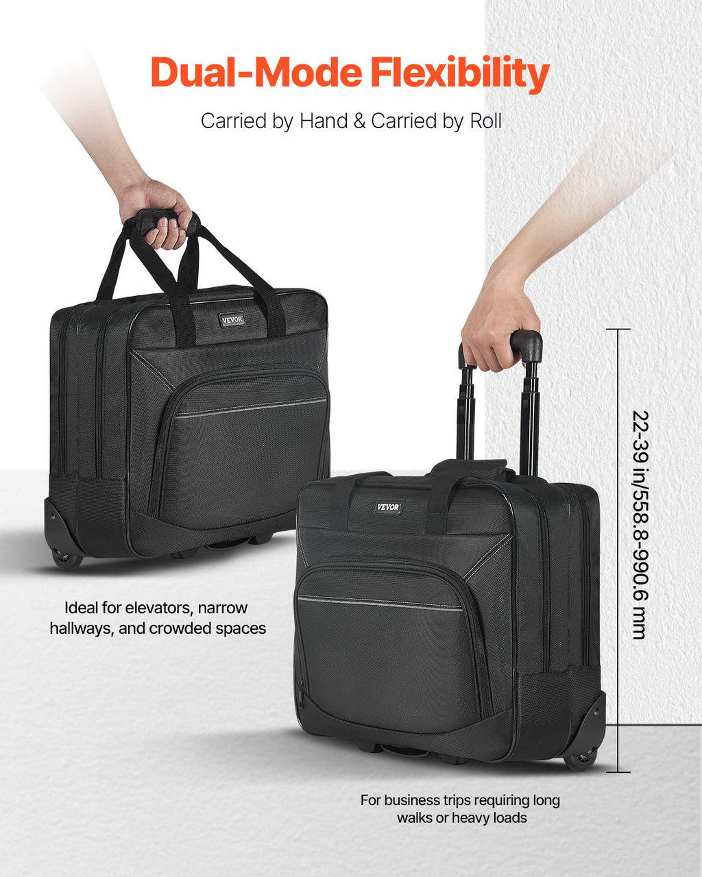 Rolling Laptop Bag 39.62 cm Wheeled Computer Bag for Women & Men Black