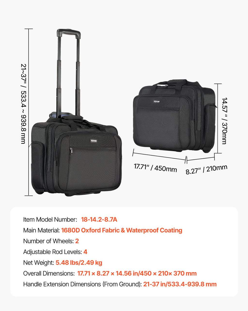Rolling Laptop Bag 43.94 cm Wheeled Computer Bag for Women & Men Black