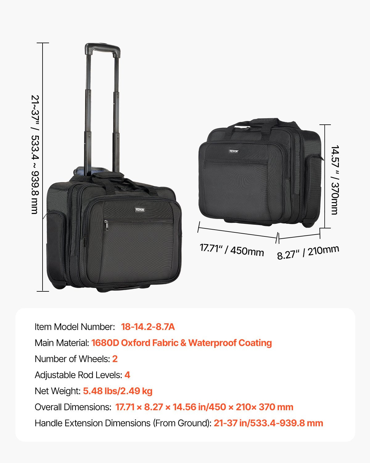Rolling Laptop Bag 43.94 cm Wheeled Computer Bag for Women & Men Black