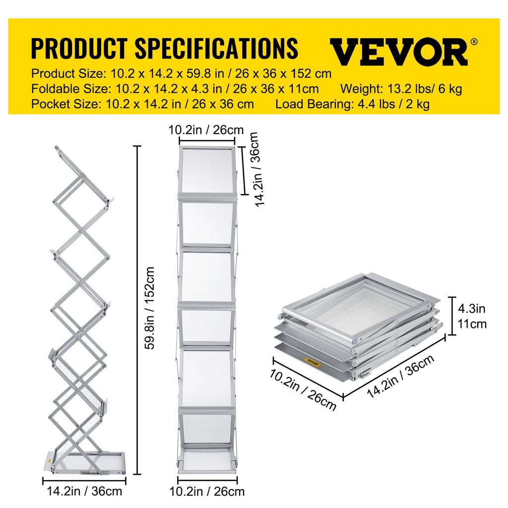 Literature Rack, 6 Pockets, Pop up Aluminum Magazine Rack, Lightweight Catalog Holder Stand w/Carrying Bag for Living Room, Hotel, Trade Show, Exhibition, Office