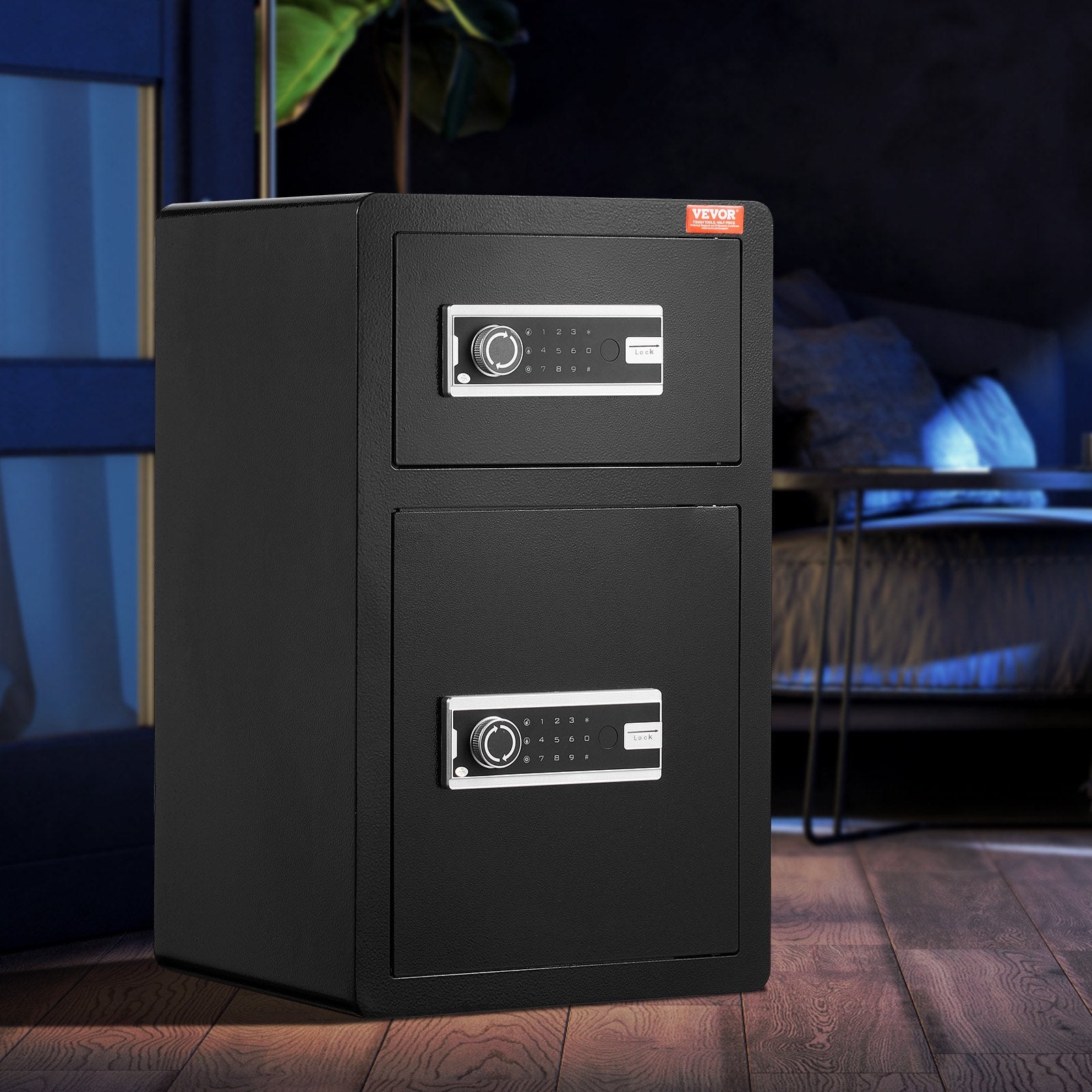 Double Doors 4.5 cu.ft Safe Box with Key Lock & Password, Safe Lock Box with Fireproof Bag, Key Rack, LED Light and 2 Height Adjustable and Removable Divider for Money, Documents, Jewelry and Valuables, Black