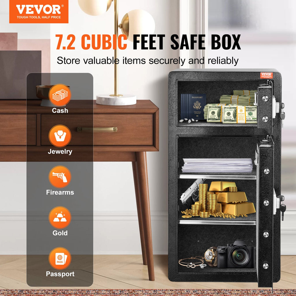 Double Doors 7.2 cu.ft Safe Box with Key Lock & Password, Safe Lock Box with Fireproof Bag, Key Rack, LED Light and 2 Height Adjustable and Removable Divider for Money, Documents, Jewelry and Valuables, Black