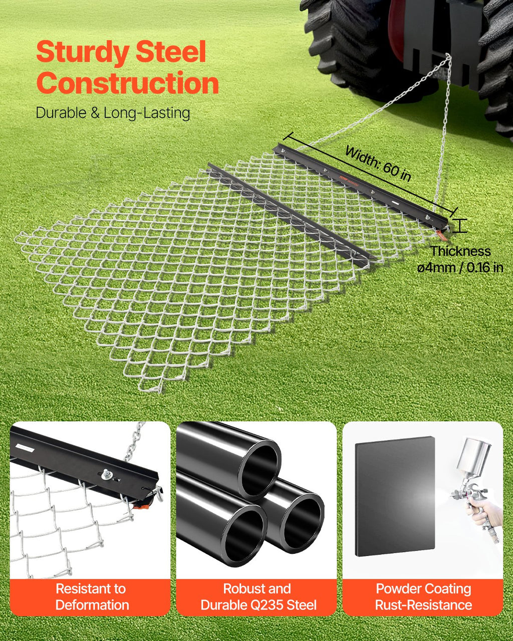 Drag Harrow 4 x 5 ft Chain Harrow Lawn Rake ATV UTV Tractor Attachments