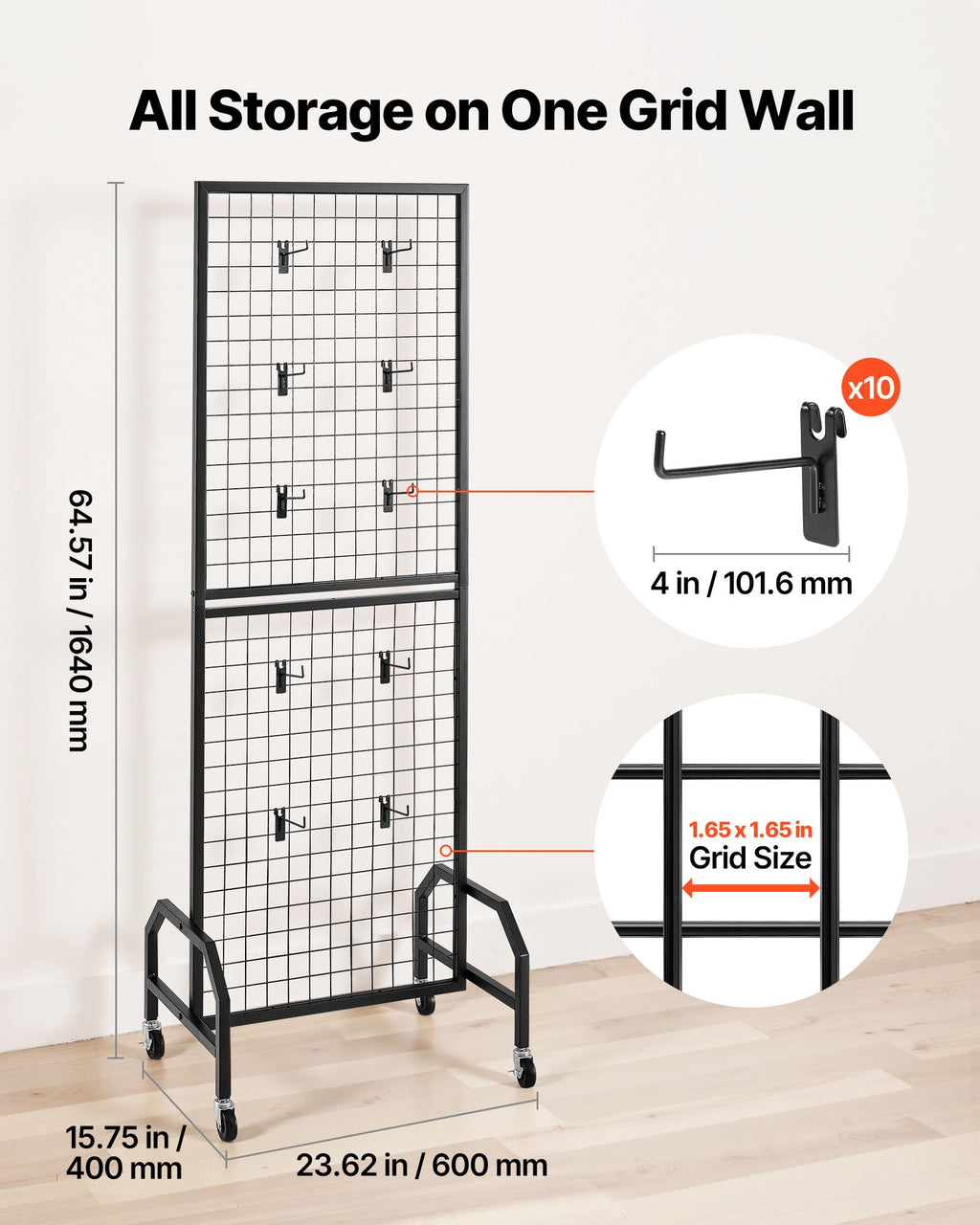 Mobile Grid Wall Display Panel with 10 Hooks – Black