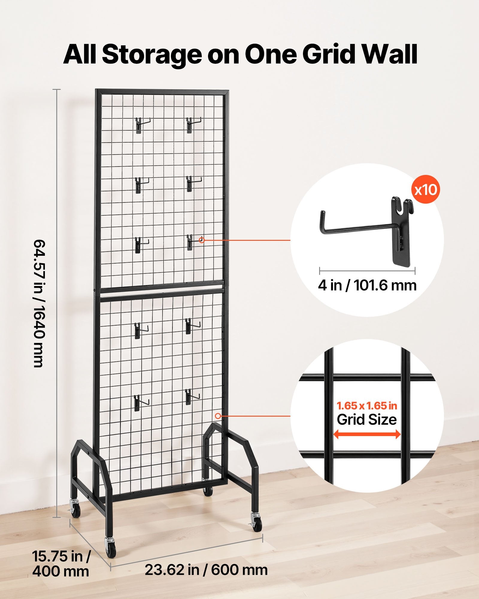 Mobile Grid Wall Display Panel with 10 Hooks – Black