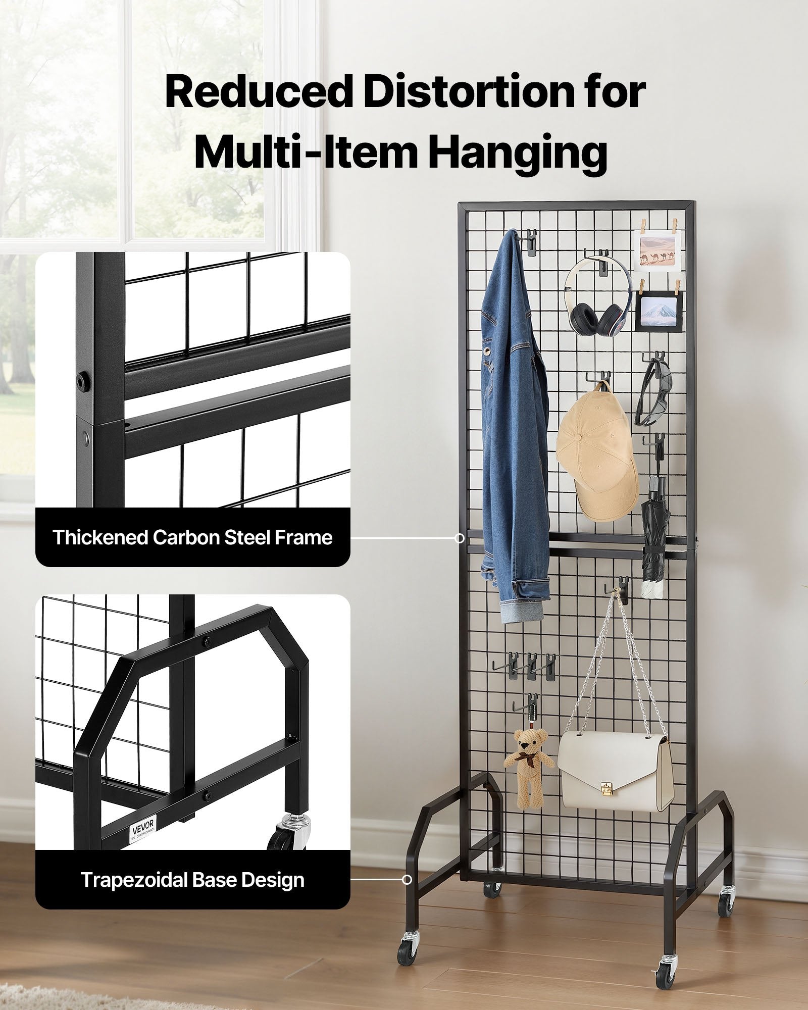 Mobile Grid Wall Display Panel with 10 Hooks – Black
