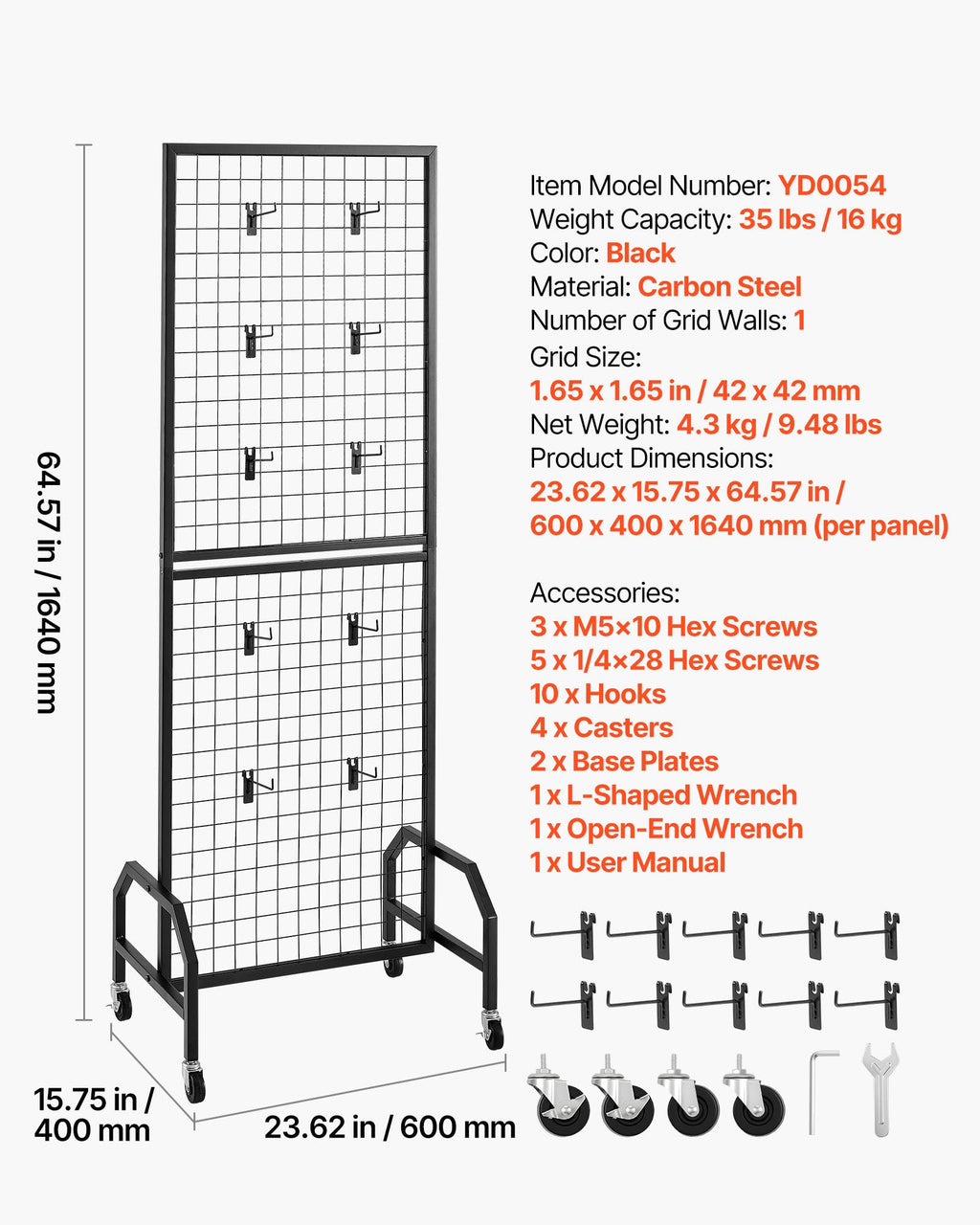 Mobile Grid Wall Display Panel with 10 Hooks – Black