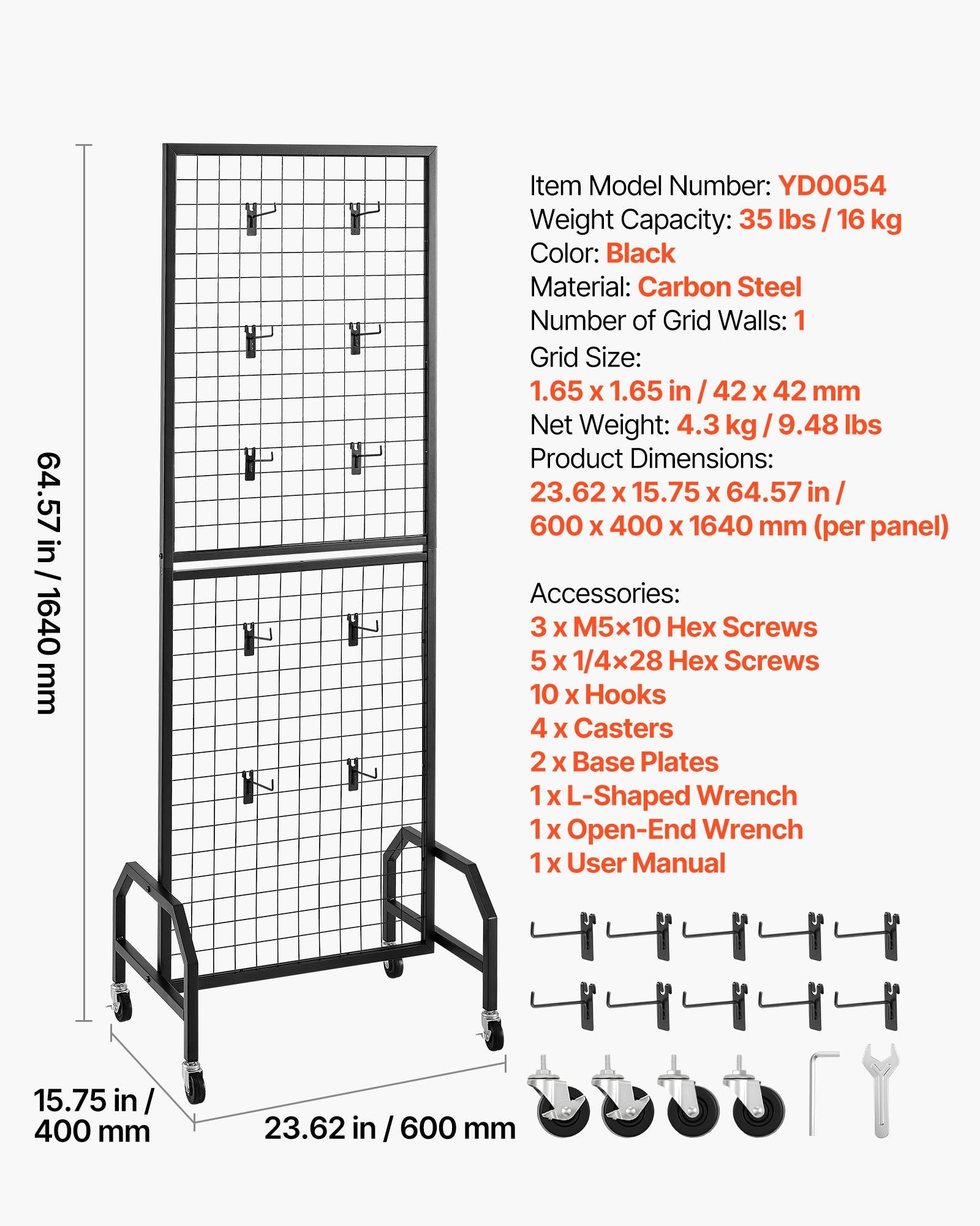 Mobile Grid Wall Display Panel with 10 Hooks – Black
