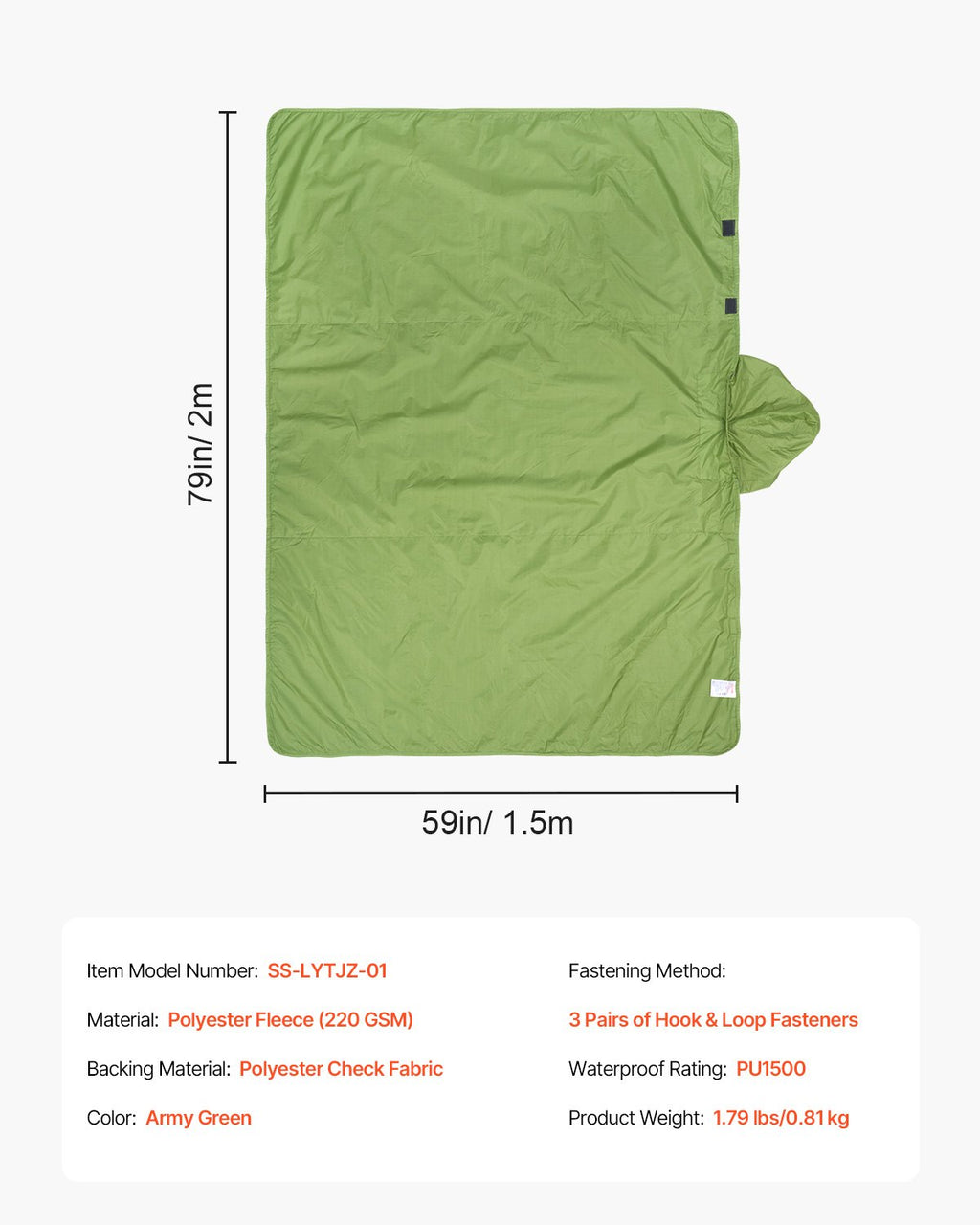 Wearable Camping Blanket – Army Green, 200 × 150 cm
