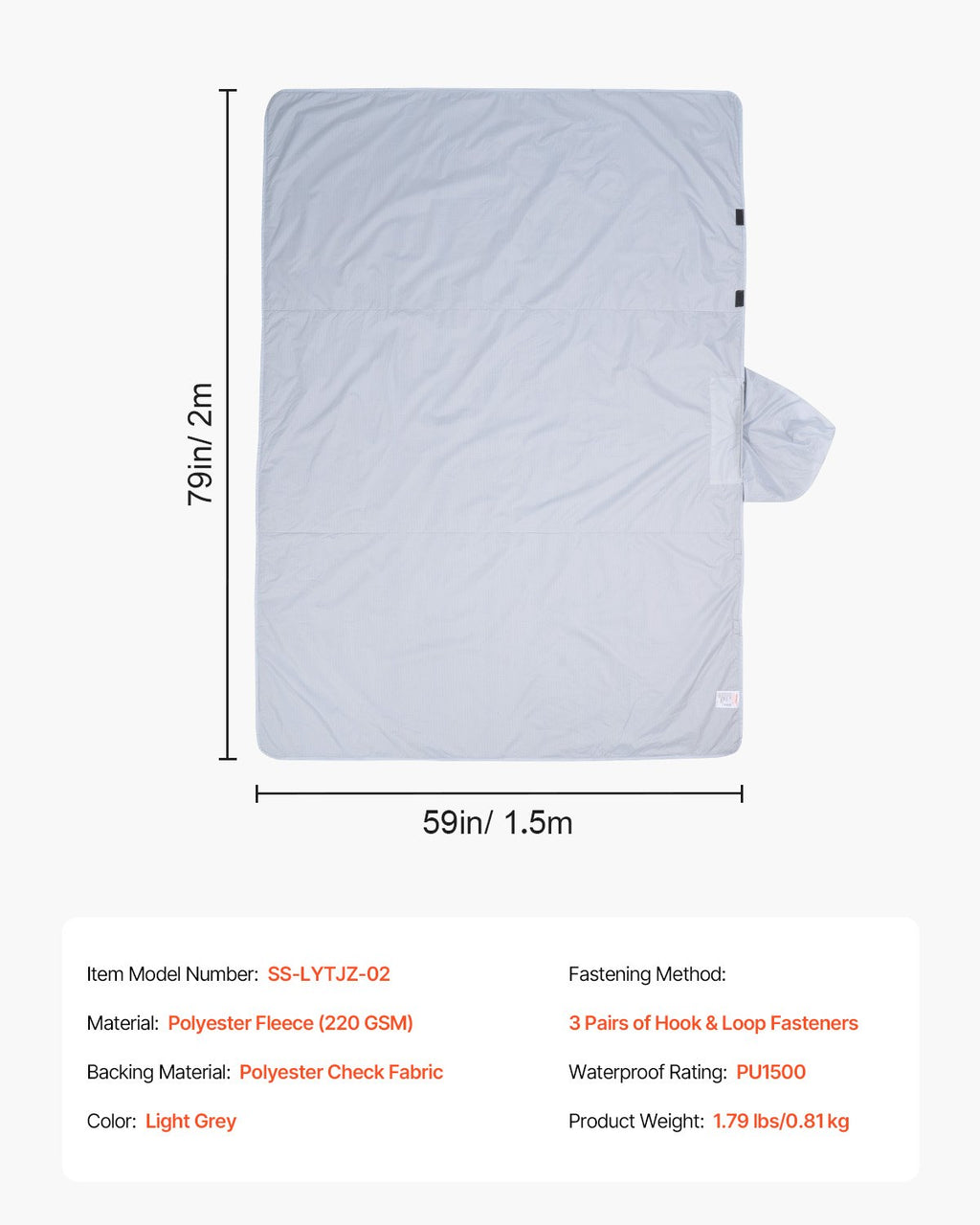 Camping Blanket 2 m x 1.5 m Wearable Warm Stadium Blanket Light Grey.