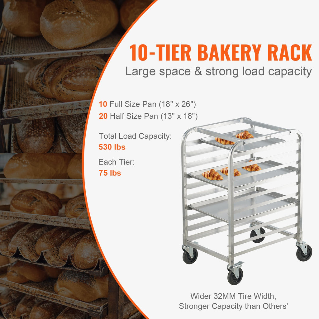 Bun Pan Rack, 10-Tier Commercial Bakery Racks with Brake Wheels, Aluminum Racking Trolley Storage for Half & Full Sheet, Speed Rack For Kitchen Home, Bread Baking Equipment, 660x515x985 mm