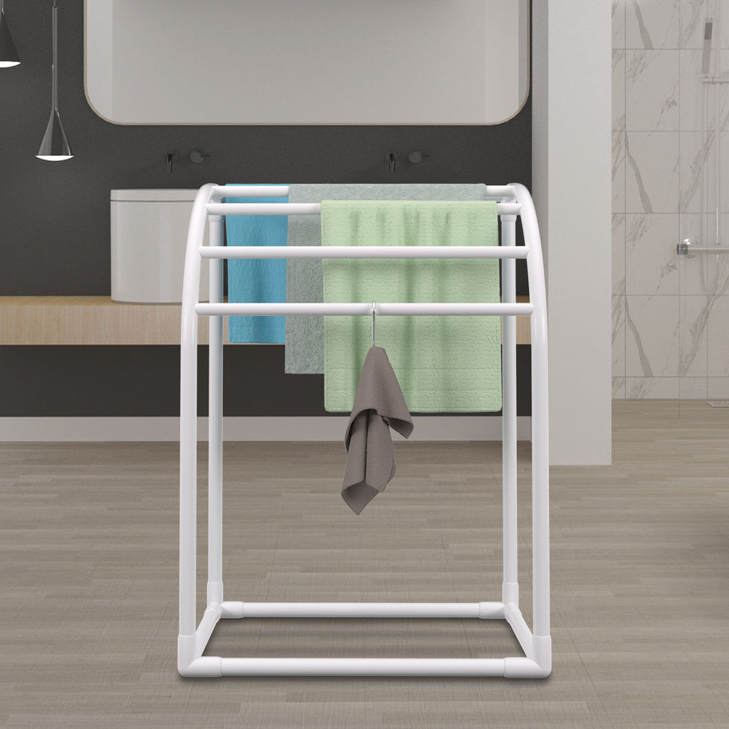 Pool Towel Rack, 5 Bar, Milky, Freestanding Outdoor PVC Curved Poolside Storage Organizer, Include 8 Towel Clips, Mesh Bag, Hook, Also Stores Floats and Paddles, for Beach, Swimming Pool, Home