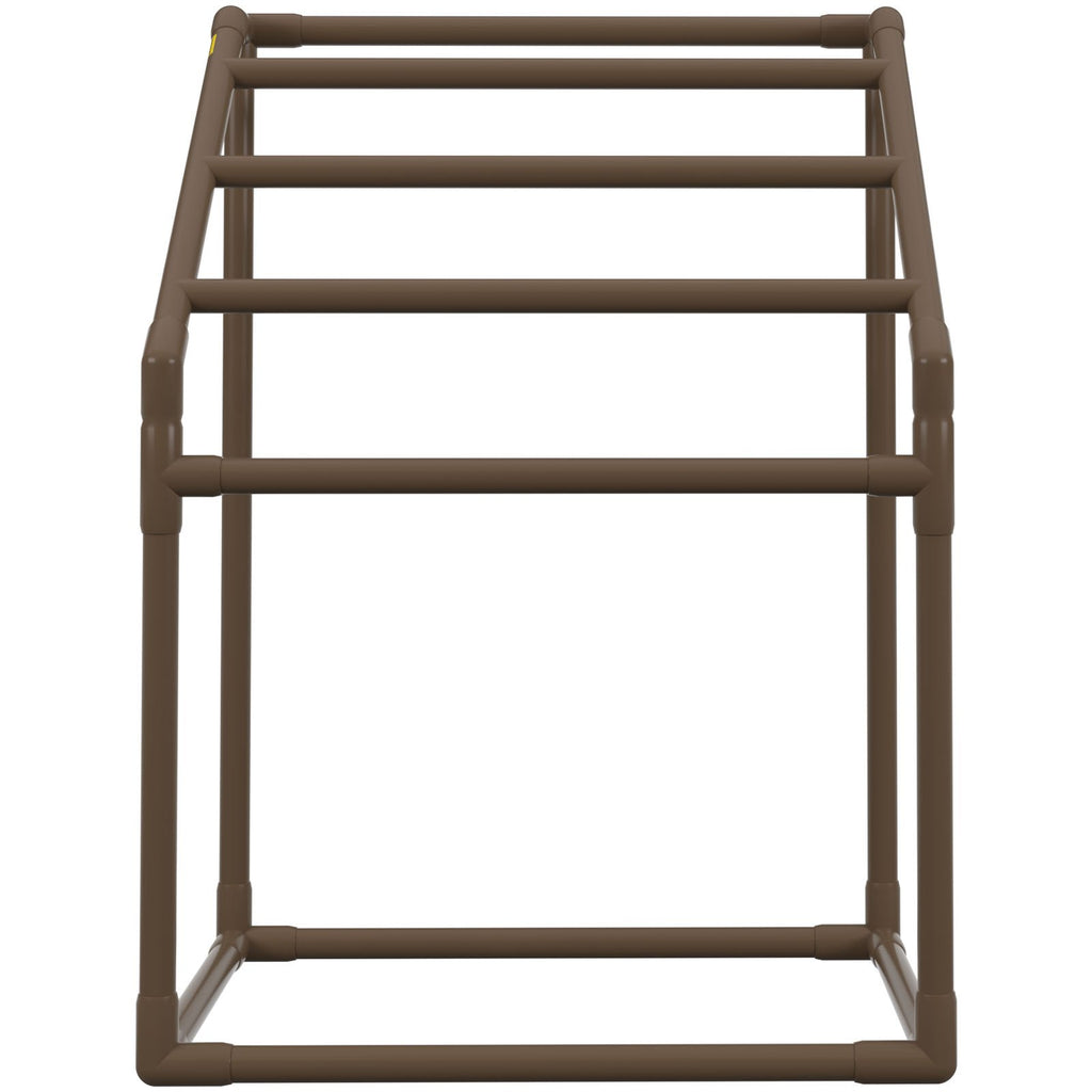 Pool Towel Rack, 5 Bar, Brown, Freestanding Outdoor PVC Trapedozal Poolside Storage Organizer, Include 8 Towel Clips, Mesh Bag, Hook, Also Stores Floats and Paddles, for Beach, Swimming Pool