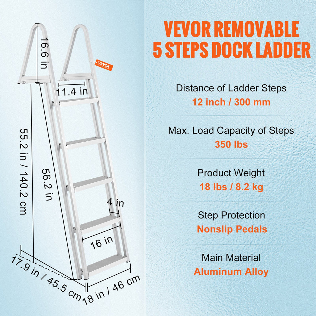 Removable Dock Ladder 5 Steps, 159 kg Load Capacity, Pontoon Boat Ladder with 4'' Wide Step & Nonslip Design for Ship/Lake/Pool/Marine Boarding