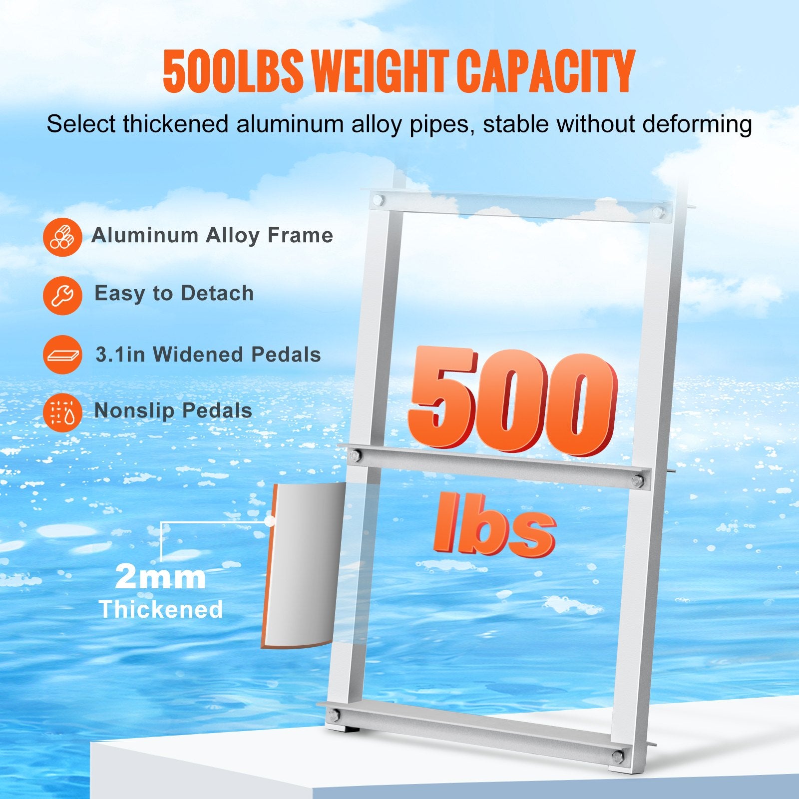 Dock Ladder, Removable 5 Steps, 227 kgs Load Capacity, Aluminum Alloy Pontoon Boat Ladder with 3.1'' Wide Step & Nonslip Rubber Mat, Easy to Install for Ship/Lake/Pool/Marine Boarding