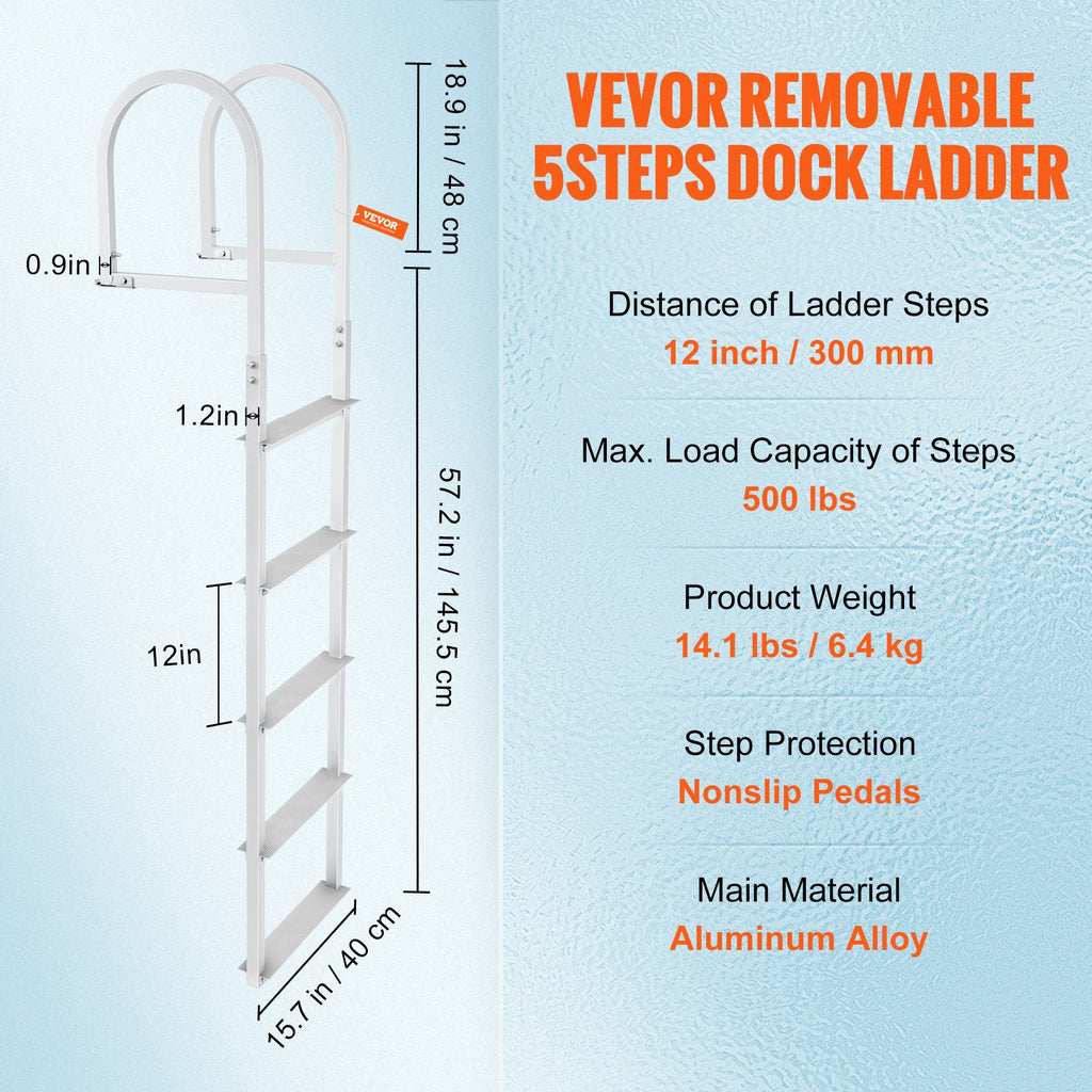 Dock Ladder, Removable 5 Steps, 227 kgs Load Capacity, Aluminum Alloy Pontoon Boat Ladder with 3.1'' Wide Step & Nonslip Rubber Mat, Easy to Install for Ship/Lake/Pool/Marine Boarding