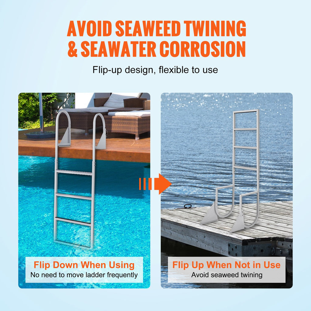 Dock Ladder, Flip-Up 4 Steps, 159 kg Load Capacity, Aluminum Alloy Pontoon Boat Ladder with 50.8 mm Wide Step & Nonslip Rubber Mat, Easy to Install for Ship/Lake/Pool/Marine Boarding