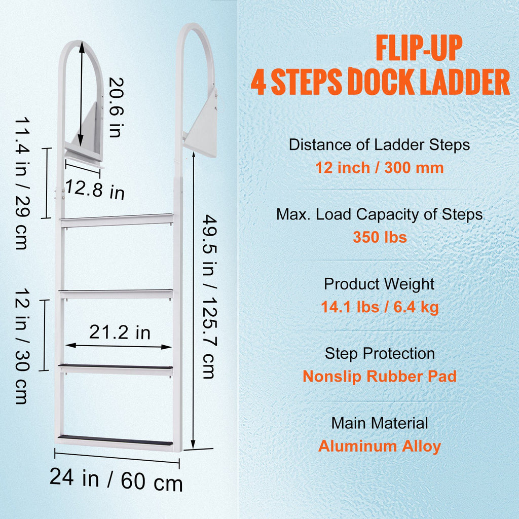 Dock Ladder, Flip-Up 4 Steps, 159 kg Load Capacity, Aluminum Alloy Pontoon Boat Ladder with 50.8 mm Wide Step & Nonslip Rubber Mat, Easy to Install for Ship/Lake/Pool/Marine Boarding