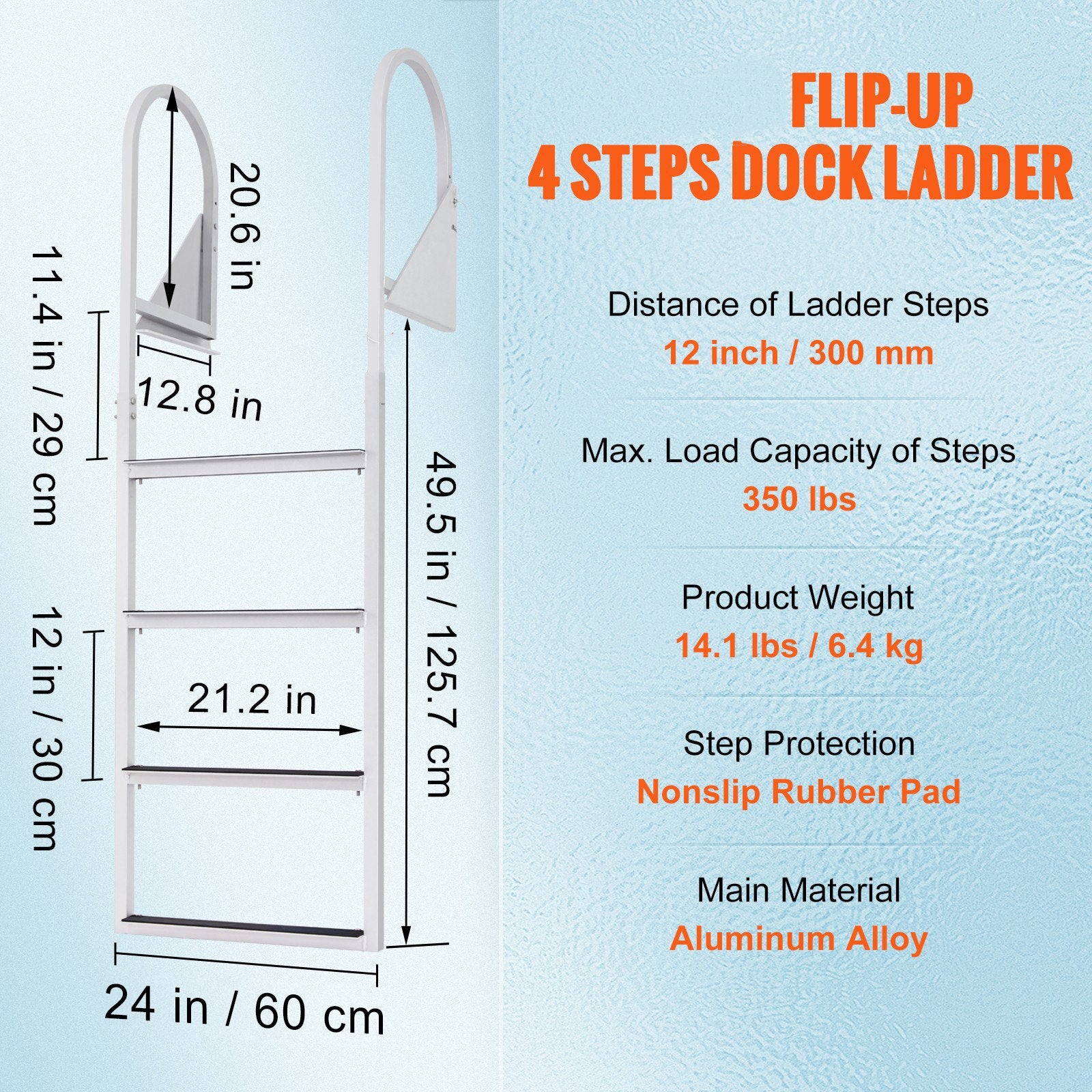 Dock Ladder, Flip-Up 4 Steps, 159 kg Load Capacity, Aluminum Alloy Pontoon Boat Ladder with 50.8 mm Wide Step & Nonslip Rubber Mat, Easy to Install for Ship/Lake/Pool/Marine Boarding