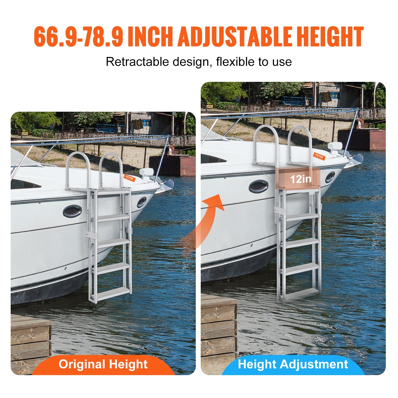 Dock Ladder, Retractable 5 Steps, 350 lbs Load Capacity, Aluminum Alloy Pontoon Boat Ladder with 66.9''-78.9'' Adjustable Height, 4'' Wide Step & Mat, for Ship/Lake/Pool/Marine Boarding