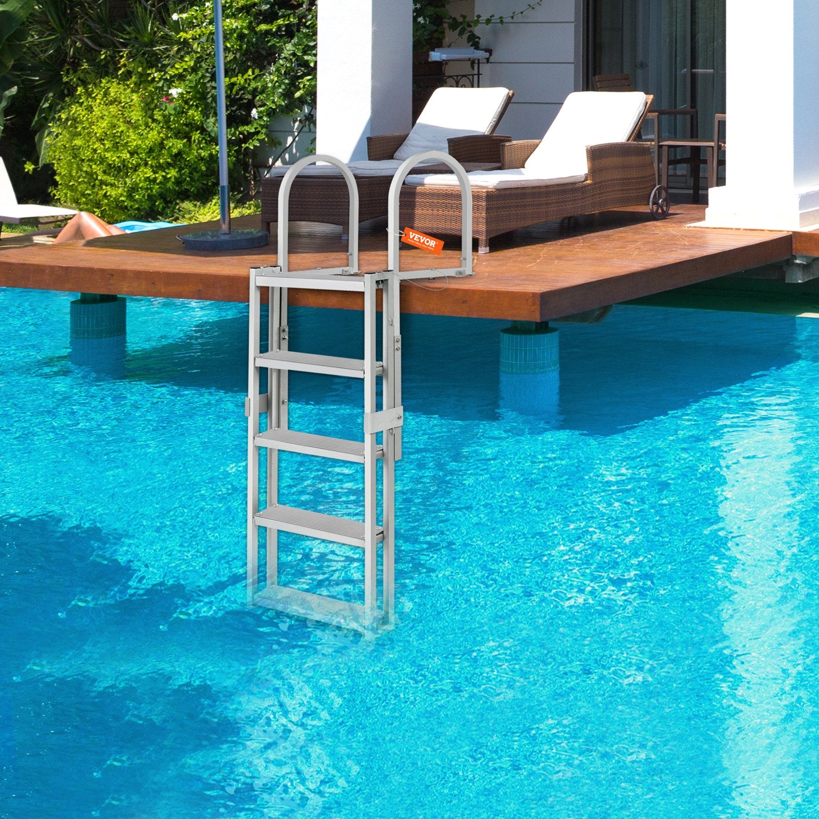 Dock Ladder, Retractable 5 Steps, 350 lbs Load Capacity, Aluminum Alloy Pontoon Boat Ladder with 66.9''-78.9'' Adjustable Height, 4'' Wide Step & Mat, for Ship/Lake/Pool/Marine Boarding