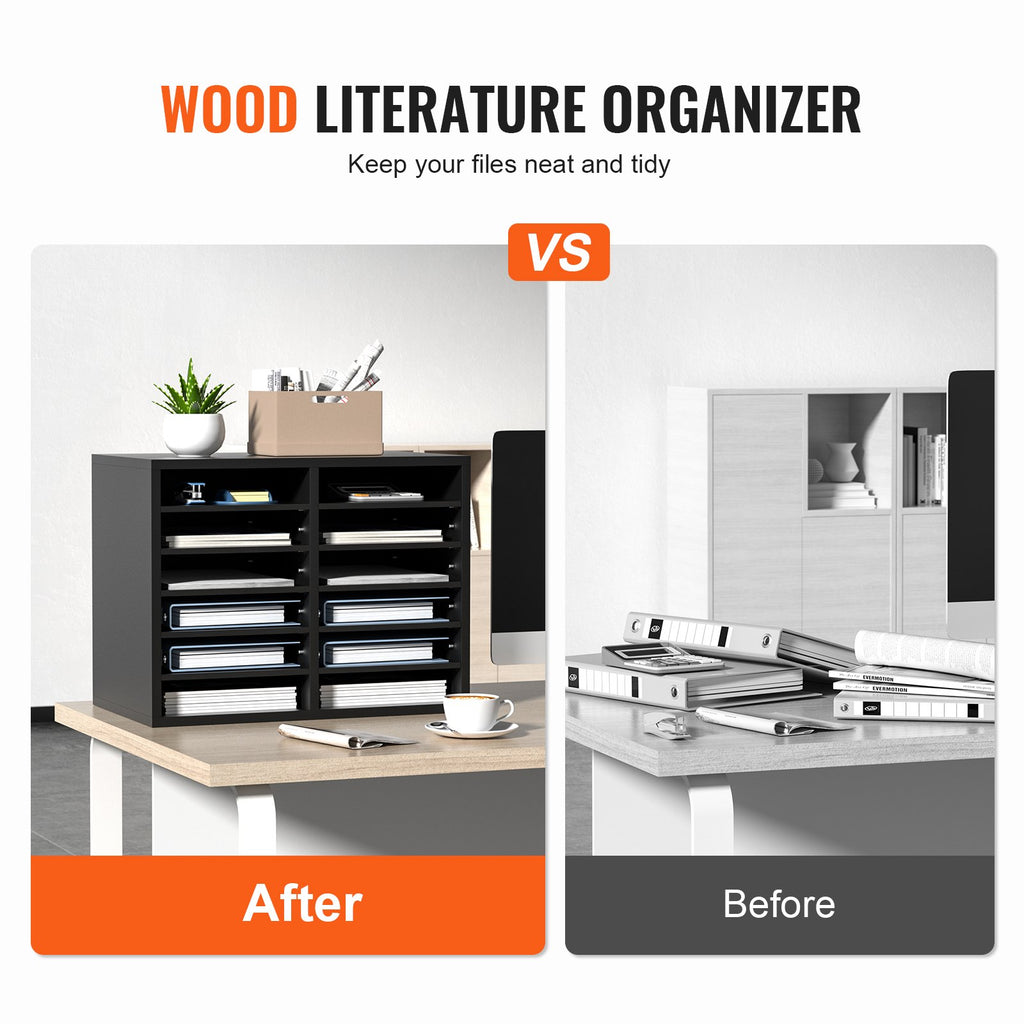 Wood Literature Organizer Adjustable File Sorter 12 Compartments Black