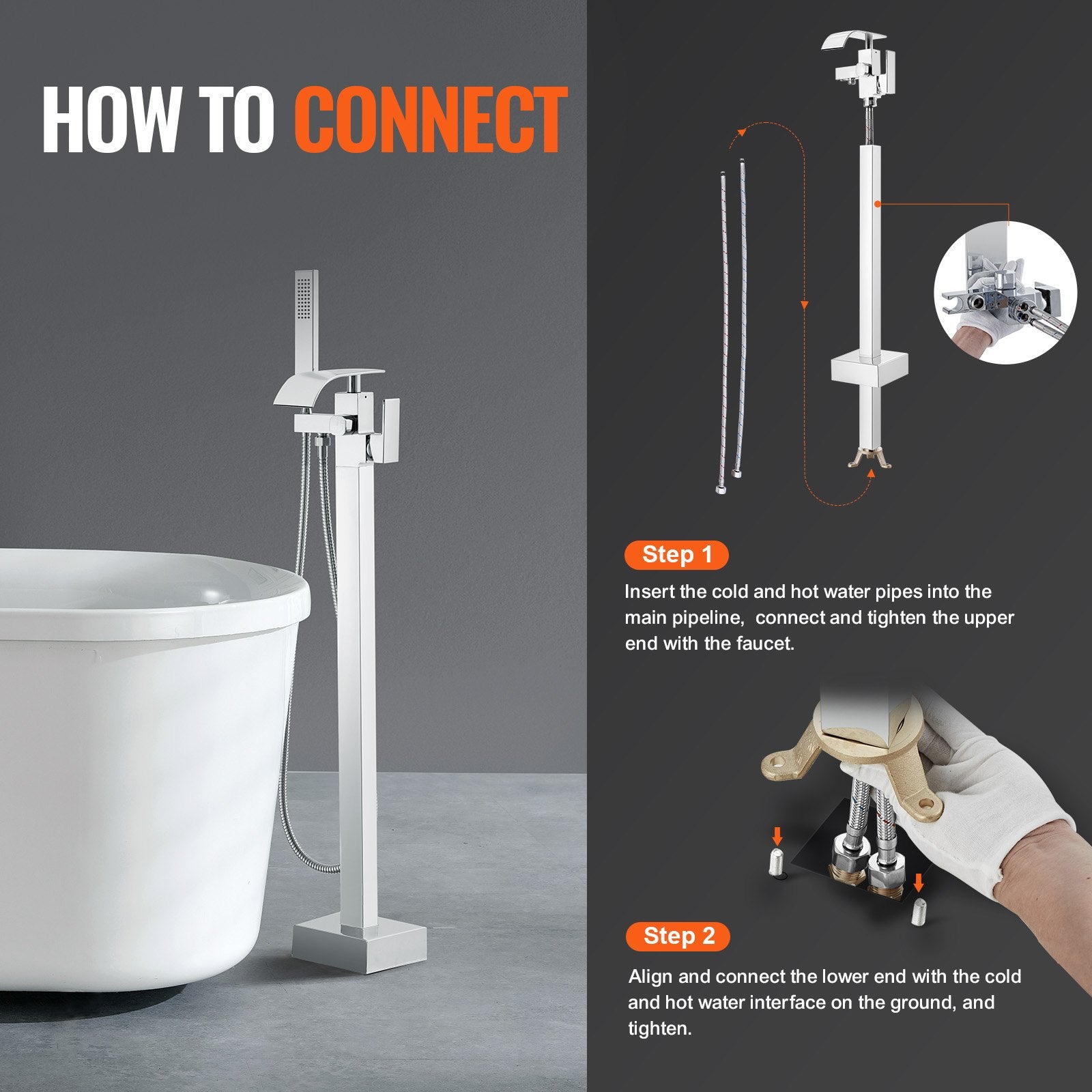 Freestanding Bathtub Faucet, Floor Mount, Freestanding Tub Filler, Shower Mixer Taps, Two Water Modes, 360° Swivel Spout, for Bathing & Showering Pet Bathing Cleaning Drains Toilet Flushing