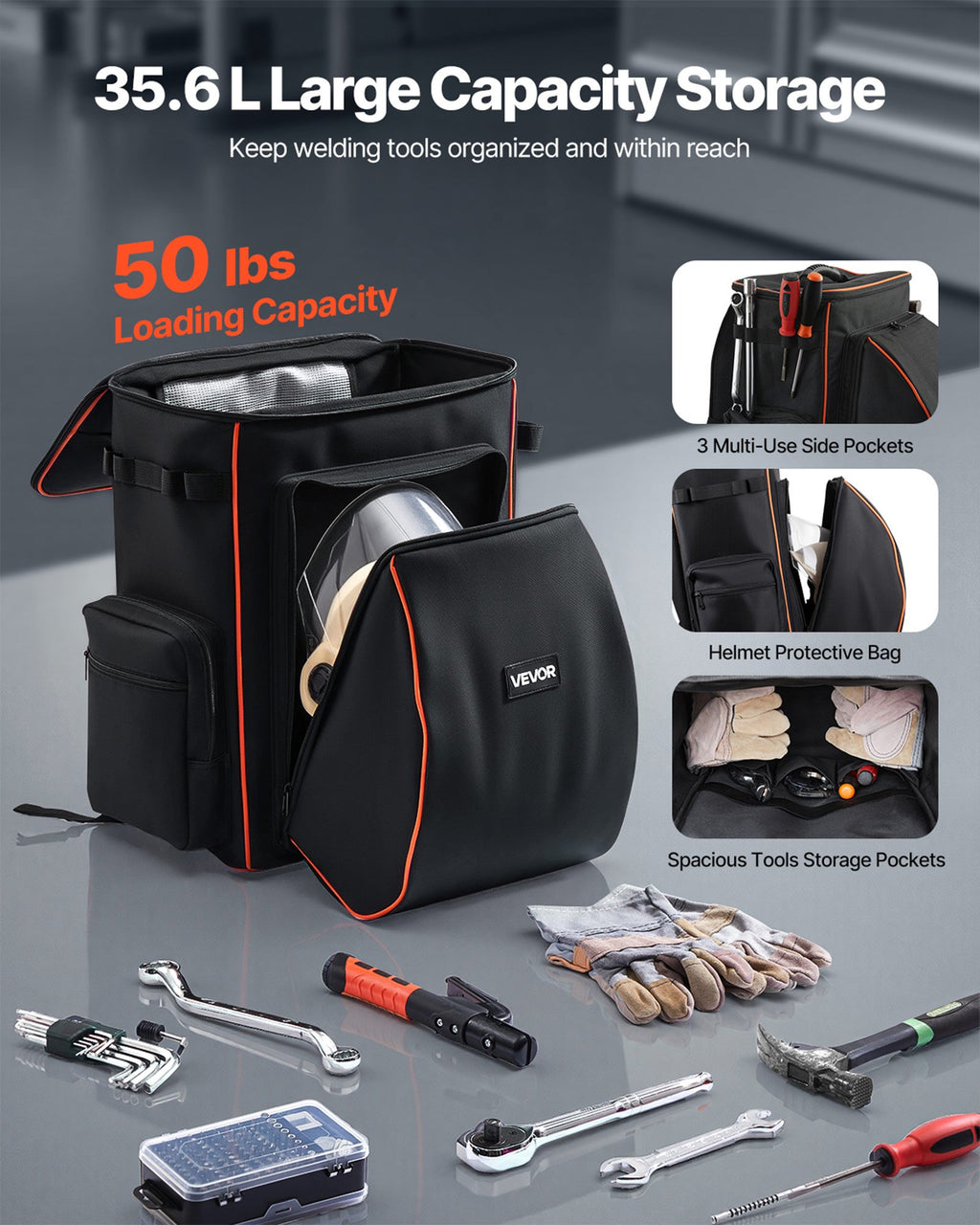35.6L Welding Backpack 600D Polyester Welder Backpack for Tools and Helmet