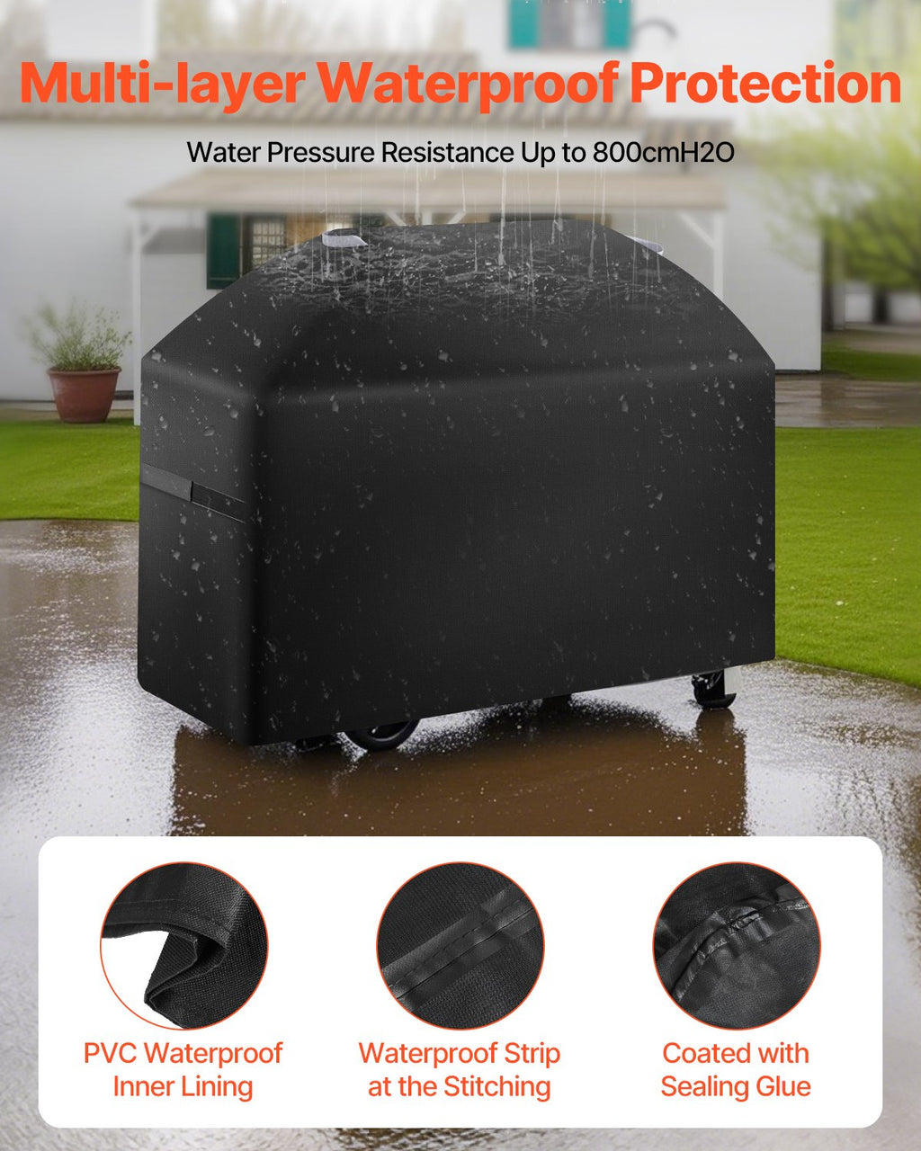 Grill Cover, 63 inch BBQ Covers for Outdoor Grills, Waterproof, Fade Resistant, Weather Resistant Heavy Duty 600D Polyester, Easy On/Off, with Hook-and-Loop Straps, Black