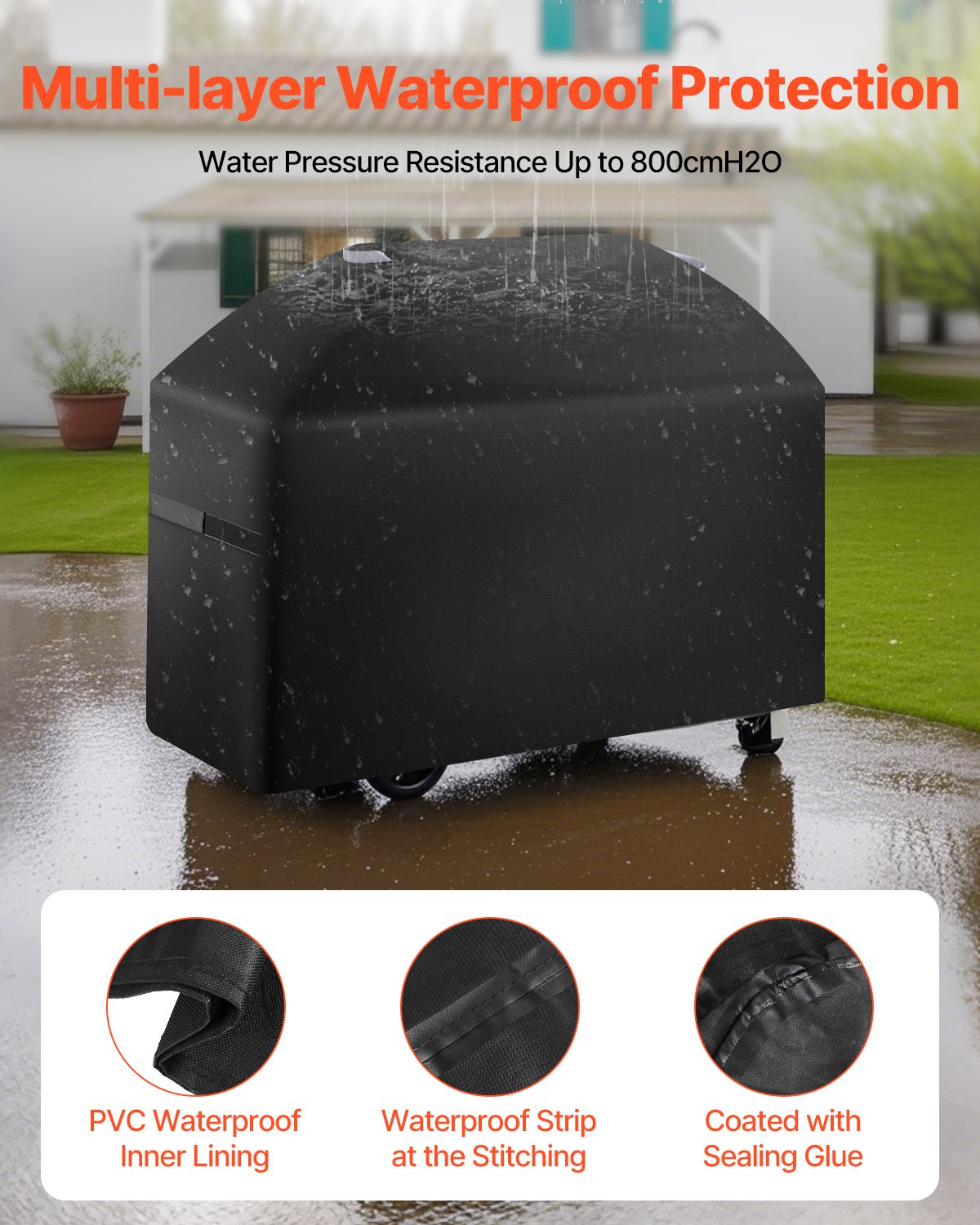 Grill Cover, 63 inch BBQ Covers for Outdoor Grills, Waterproof, Fade Resistant, Weather Resistant Heavy Duty 600D Polyester, Easy On/Off, with Hook-and-Loop Straps, Black