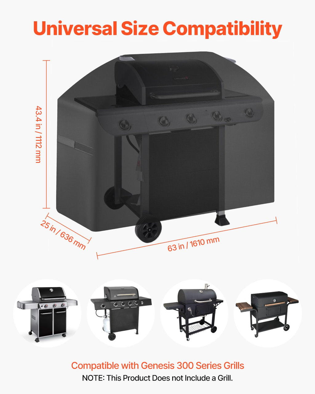 Grill Cover, 63 inch BBQ Covers for Outdoor Grills, Waterproof, Fade Resistant, Weather Resistant Heavy Duty 600D Polyester, Easy On/Off, with Hook-and-Loop Straps, Black