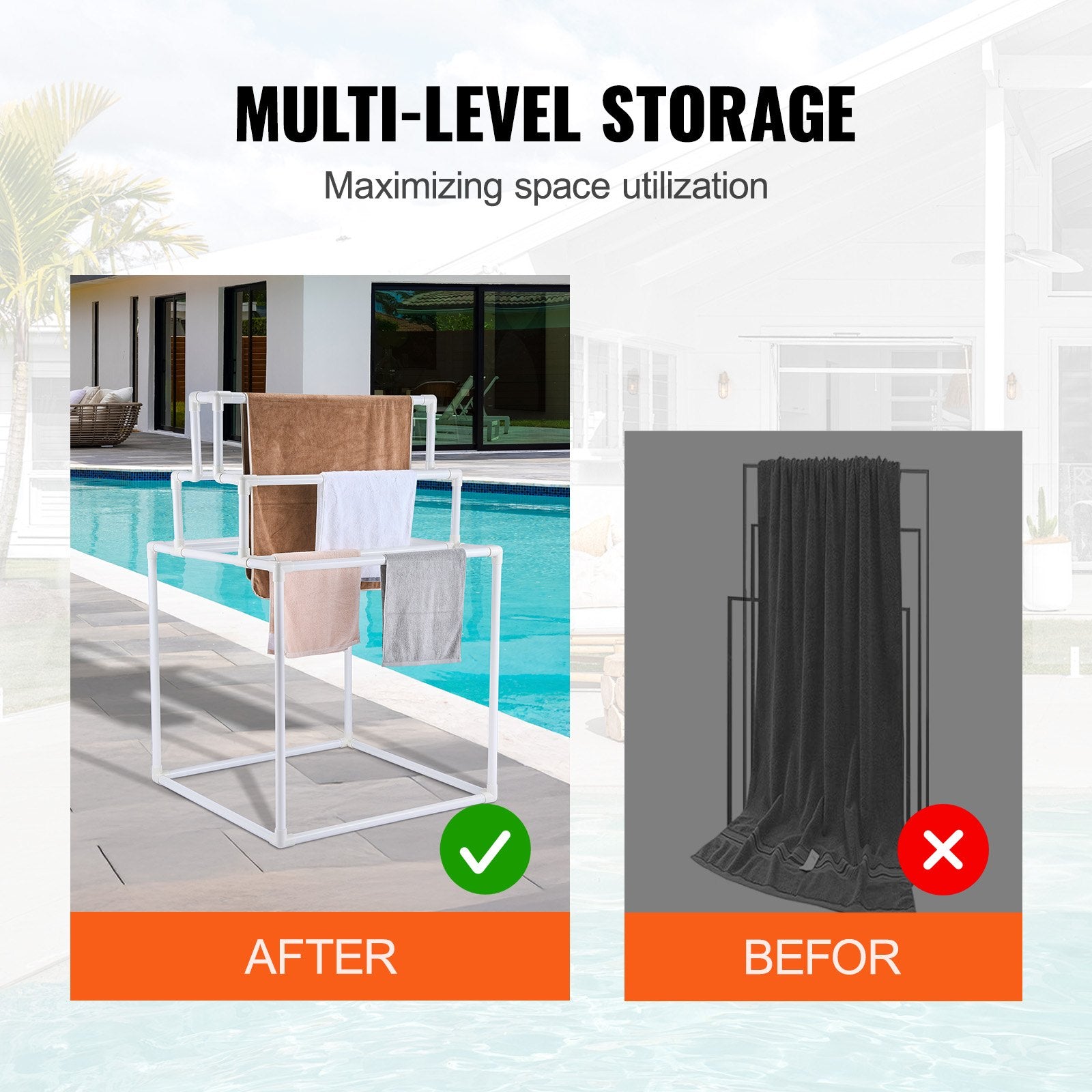 Towel Rack 8-Bar Outdoor PVC Towel Holder for Poolside Spa Bathroom White